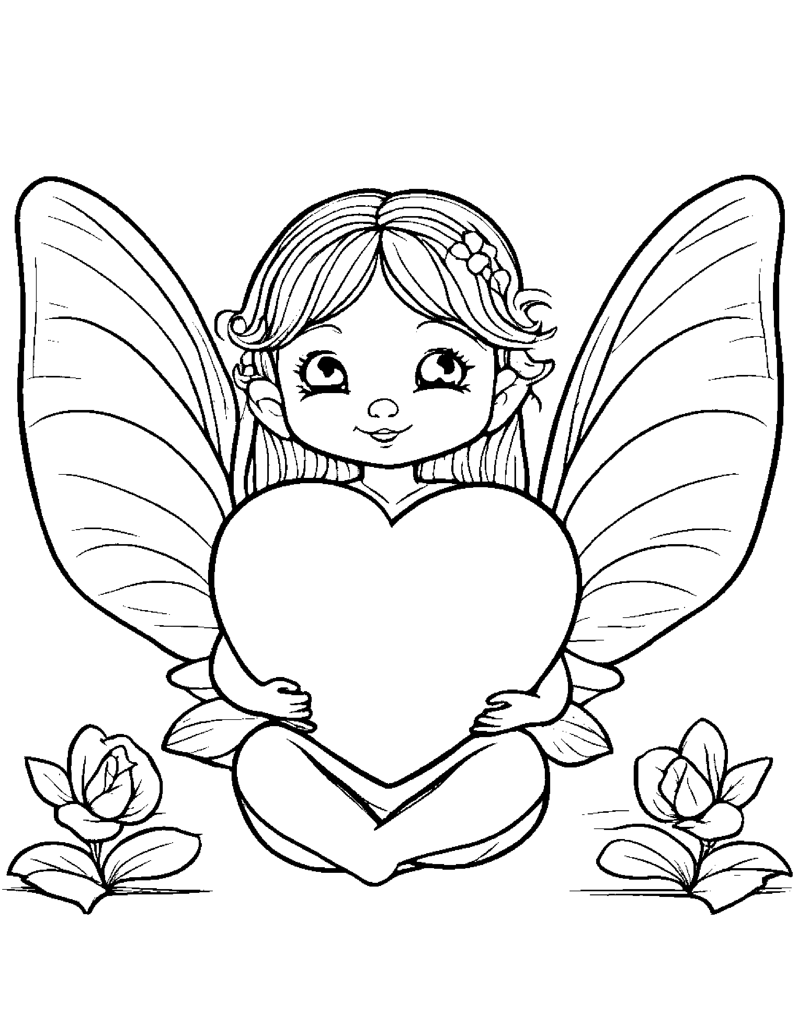 Tiny Fairy Hugging A Heart Coloring Page (Free Printable PDF)