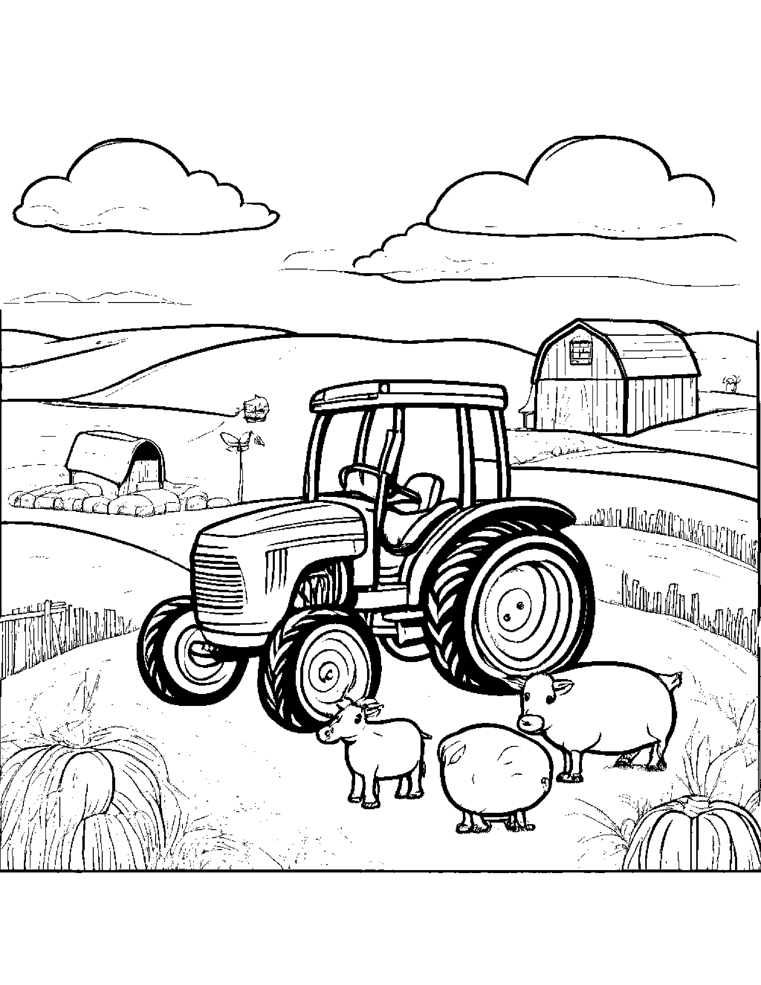 A Farm Playset With Tractor, Hay Bales, Animals, And Farmer Figures Coloring Page (Free Printable PDF)