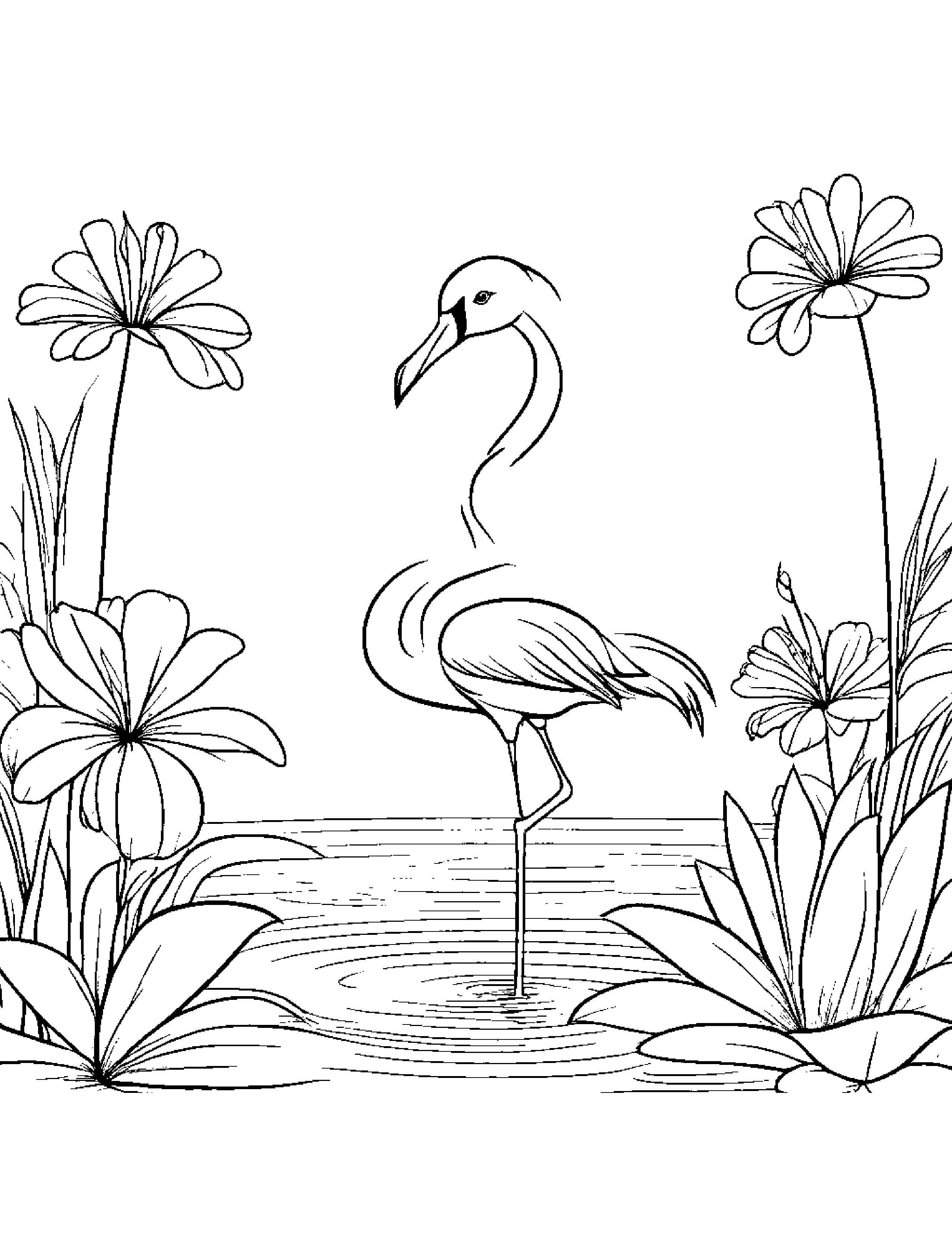 Little Flamingo With A Flower Coloring Page (Free Printable PDF)