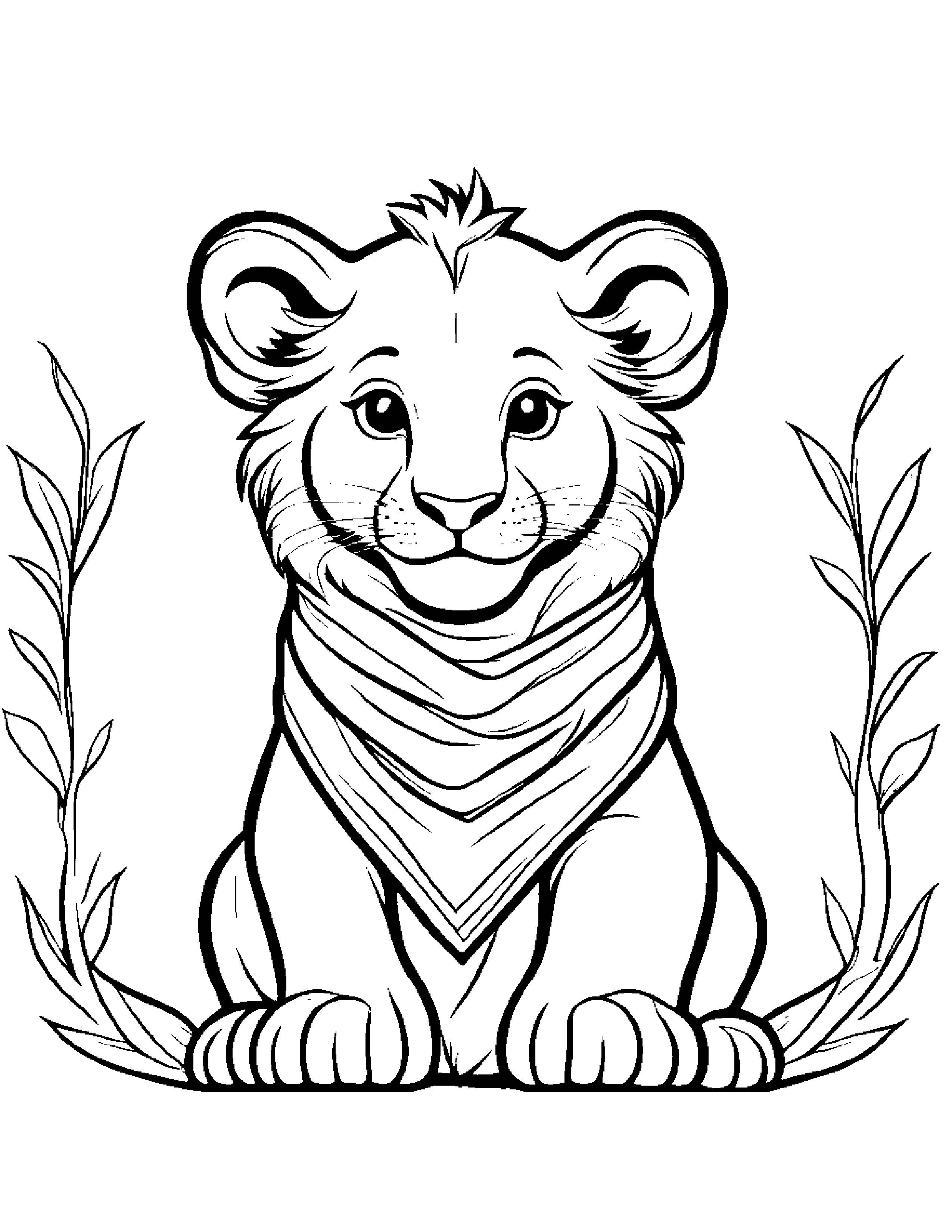 Smiling Lion Cub With Scarf #2 Coloring Page (Free Printable PDF)
