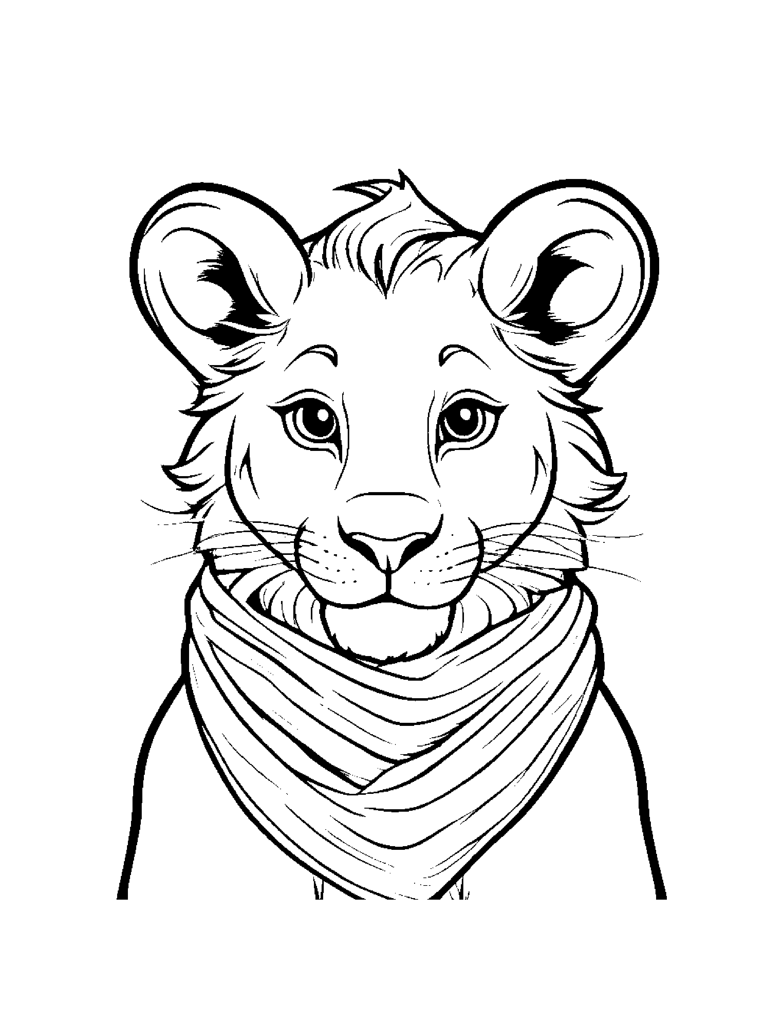 Smiling Lion Cub With Scarf Coloring Page (Free Printable PDF)