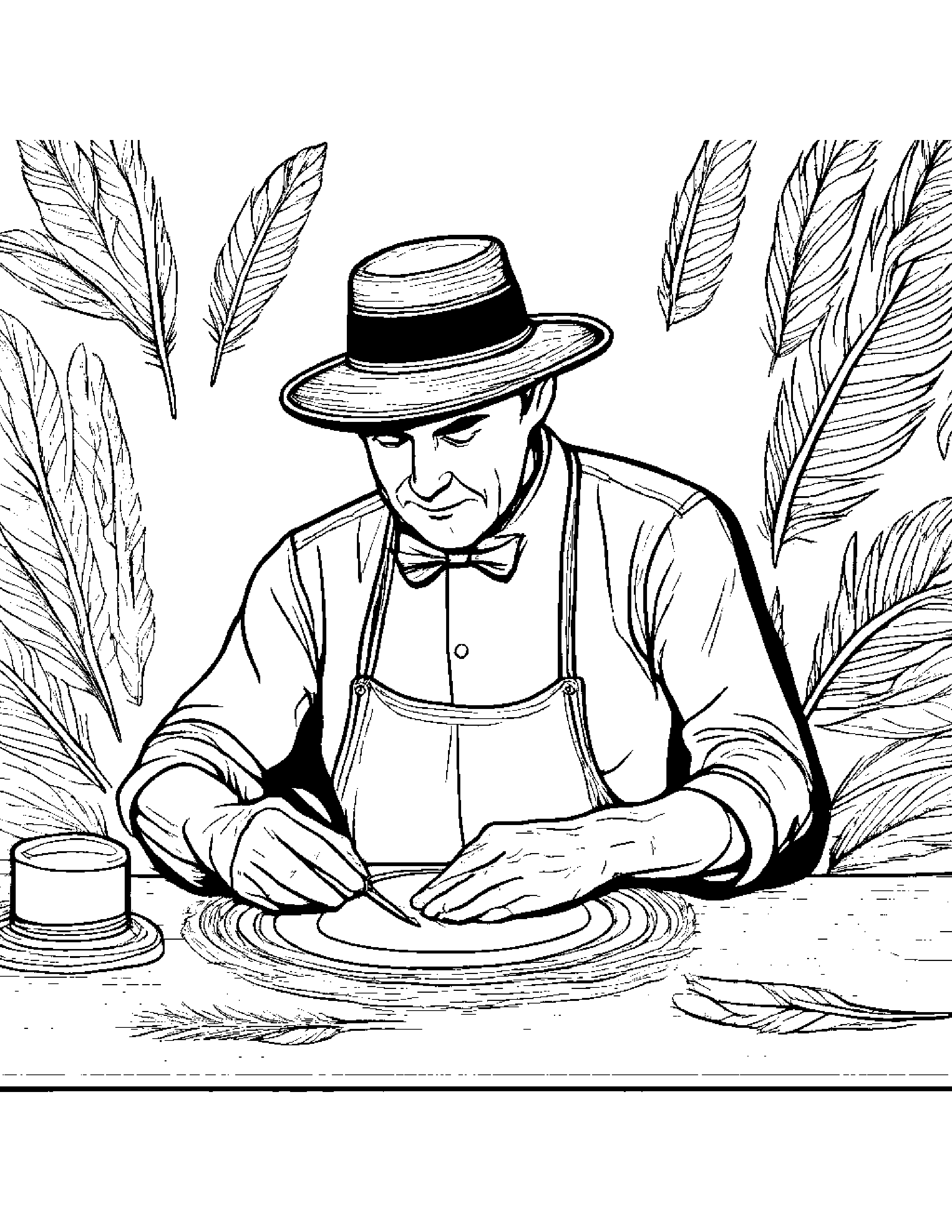 A Vintage Hat Maker Hand Stitching Feathers Onto A Hat Coloring Page (Free Printable PDF)