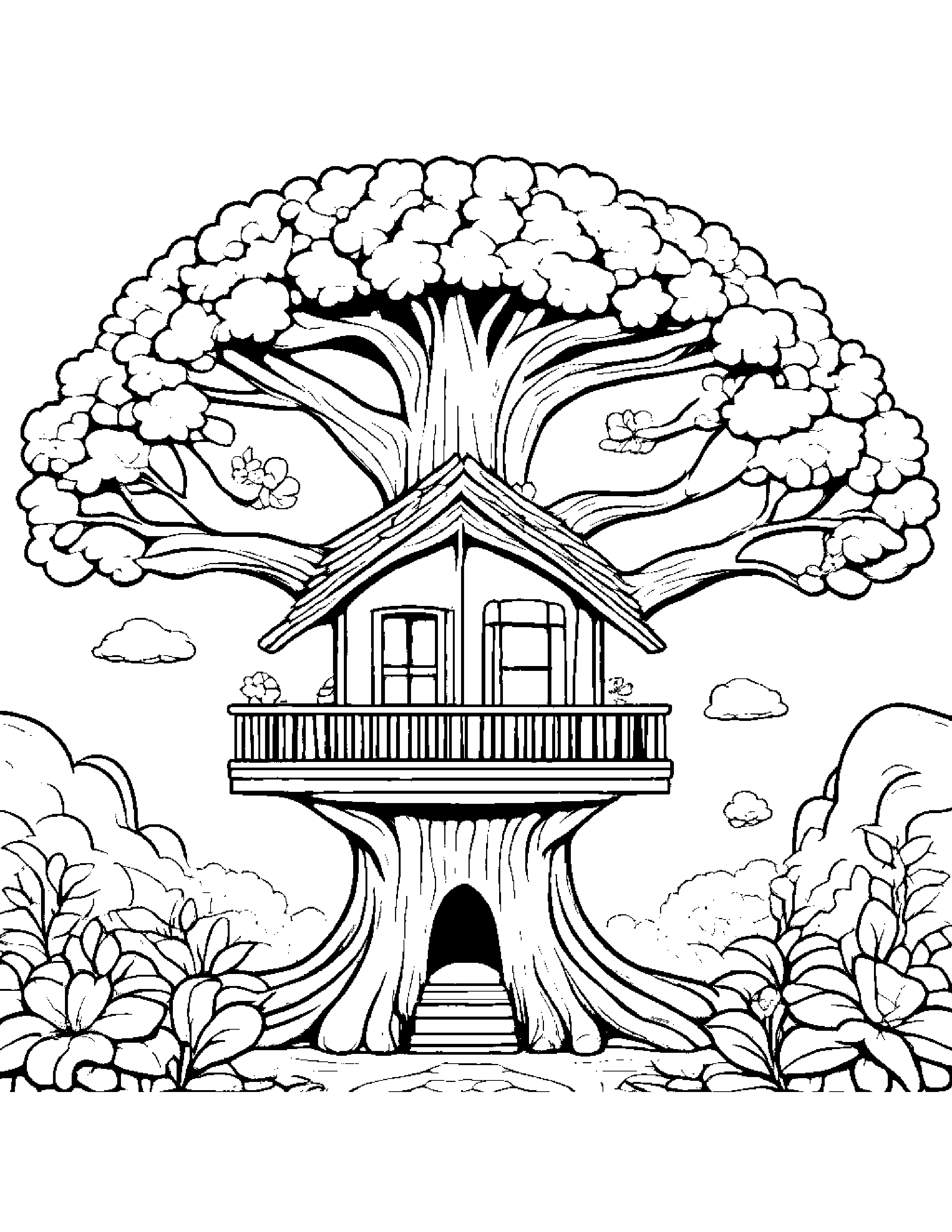 Kawaii Treehouse With A Flower #2 Coloring Page (Free Printable PDF)