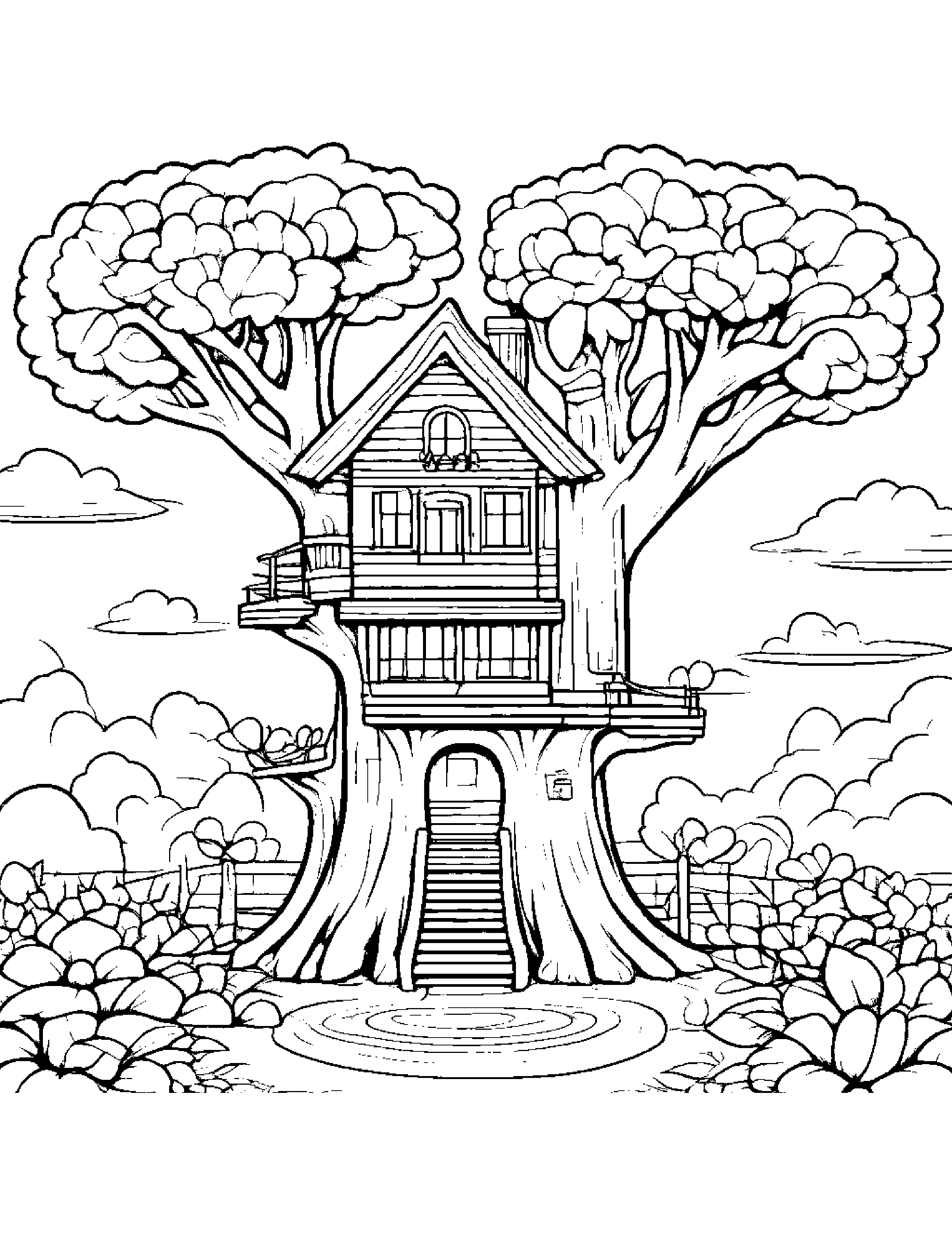 Kawaii Treehouse With A Flower Coloring Page (Free Printable PDF)