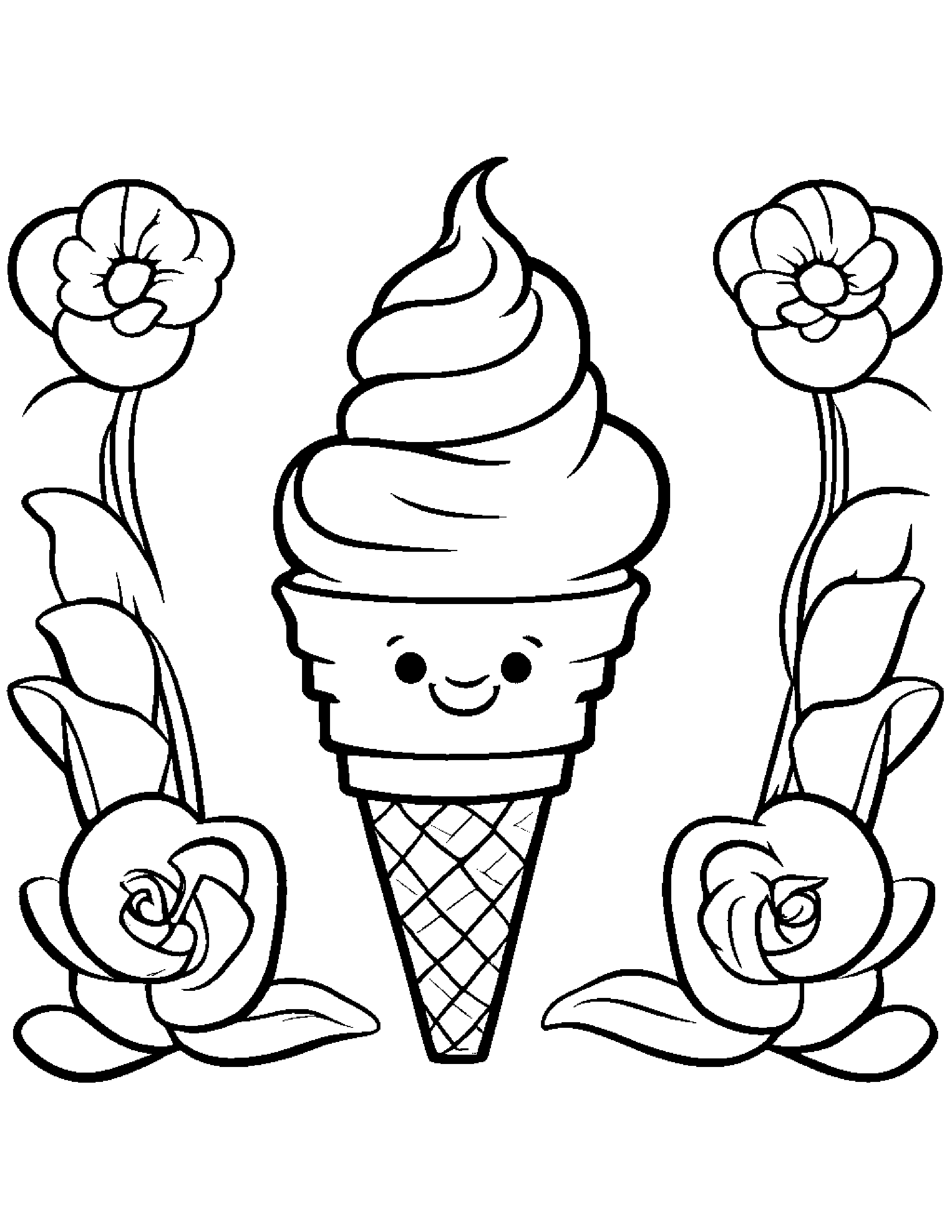 Smiling Ice Cream Cone With A Flower Coloring Page (Free Printable PDF)