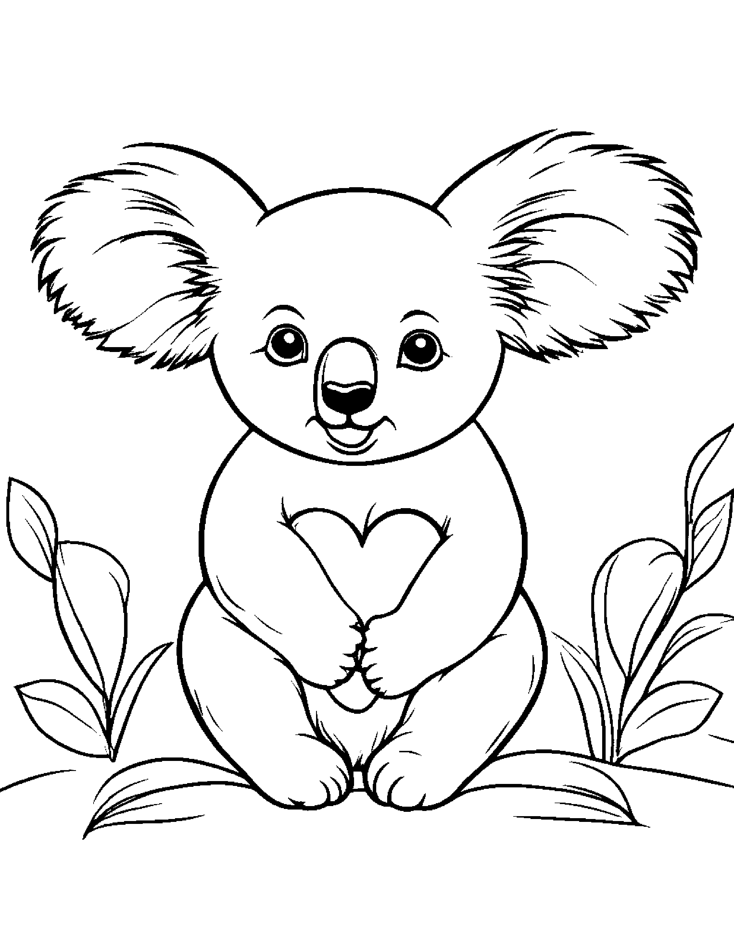 Baby Koala Hugging A Heart Coloring Page (Free Printable PDF)