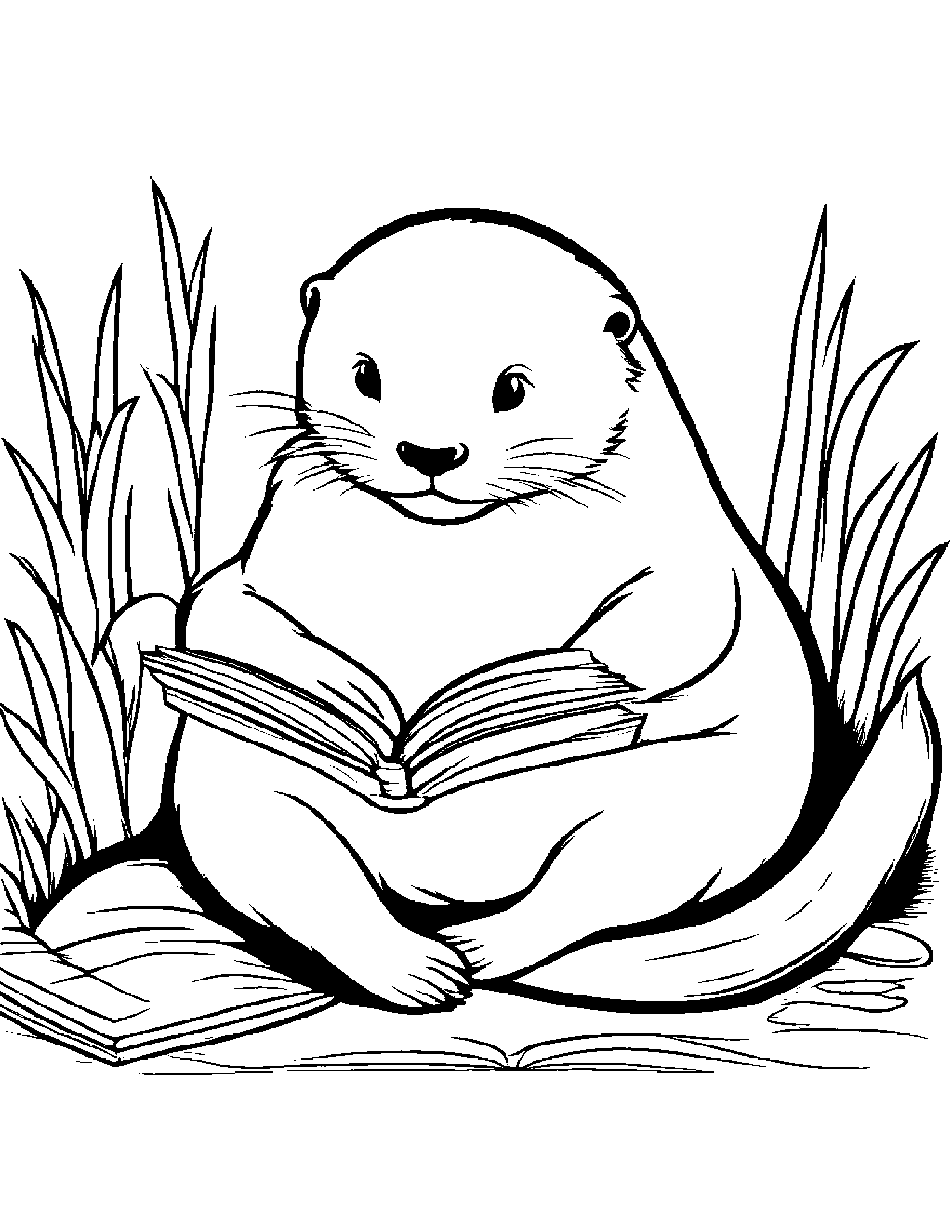 Sleepy Otter Reading A Book #2 Coloring Page (Free Printable PDF)