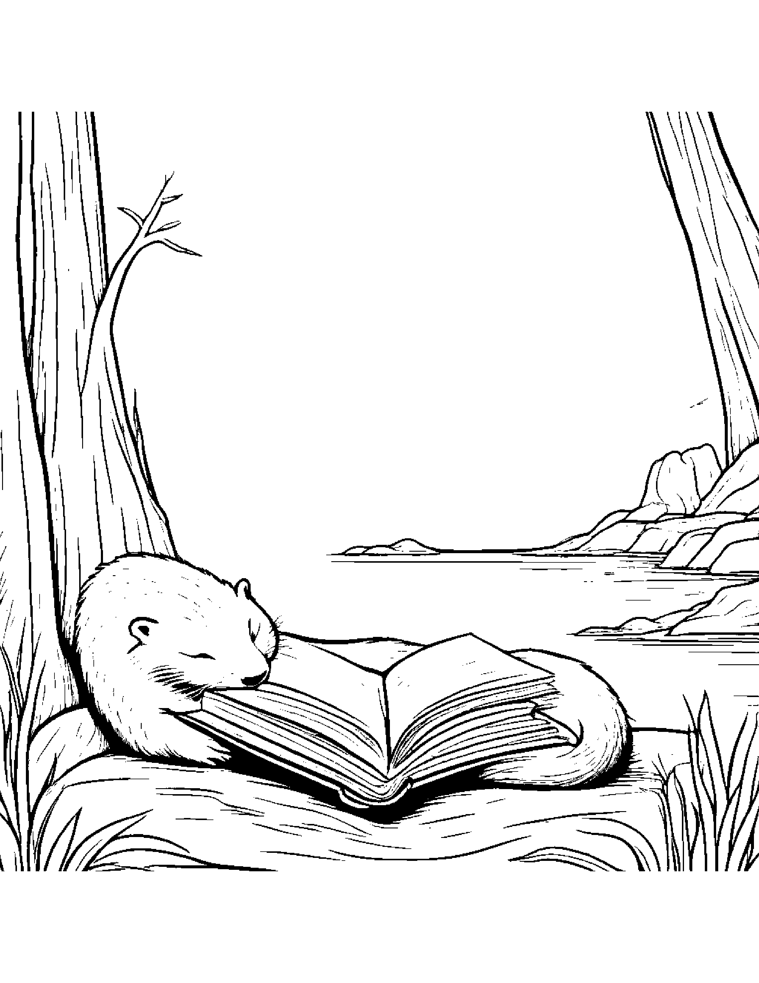Sleepy Otter Reading A Book Coloring Page (Free Printable PDF)