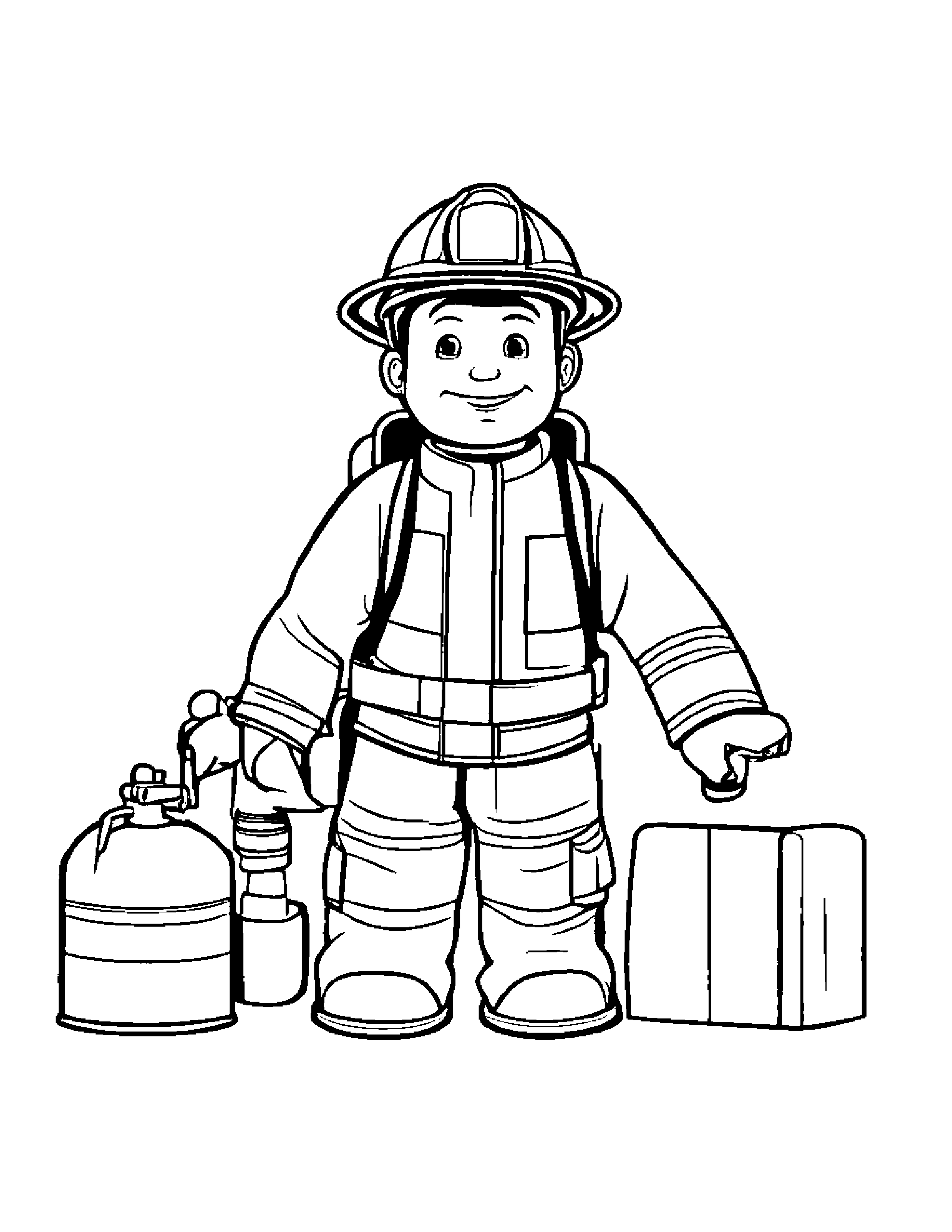 A Firefighter Action Figure With An Extinguisher And Helmet Coloring Page (Free Printable PDF)