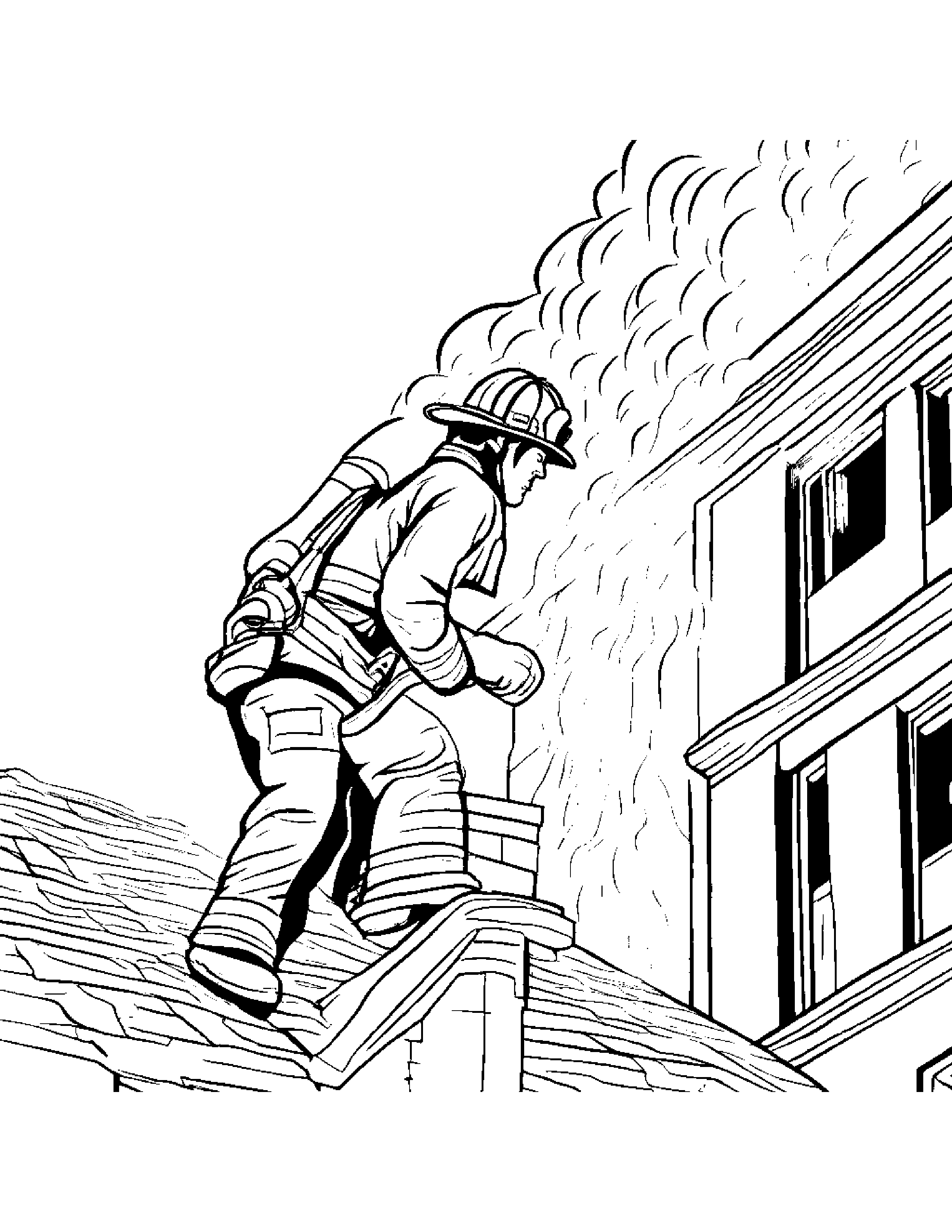 A Firefighter Climbing A Burning Building To Rescue Someone Trapped Inside Coloring Page (Free Printable PDF)