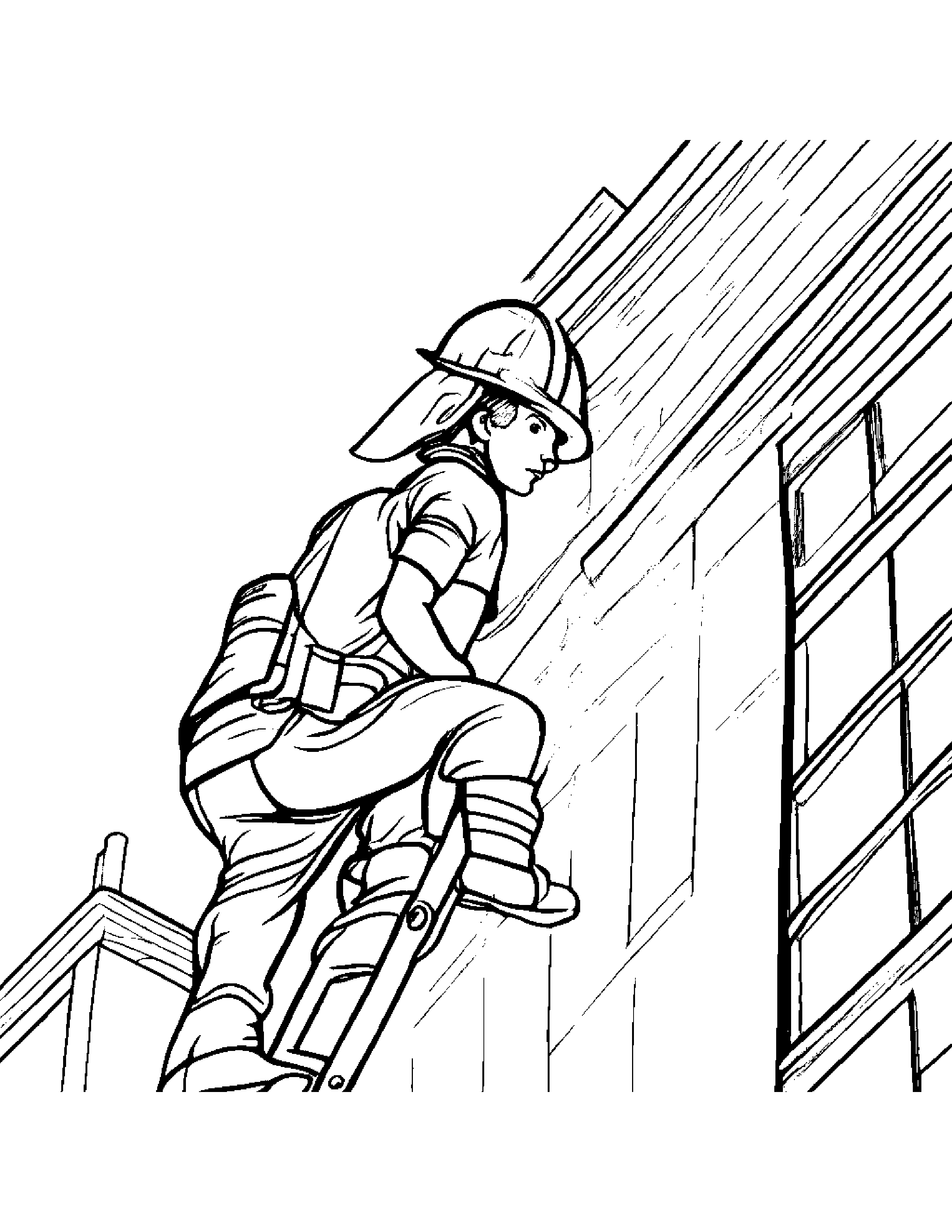 A Firefighter Climbing A Ladder Carrying A Child To Safety Coloring Page (Free Printable PDF)