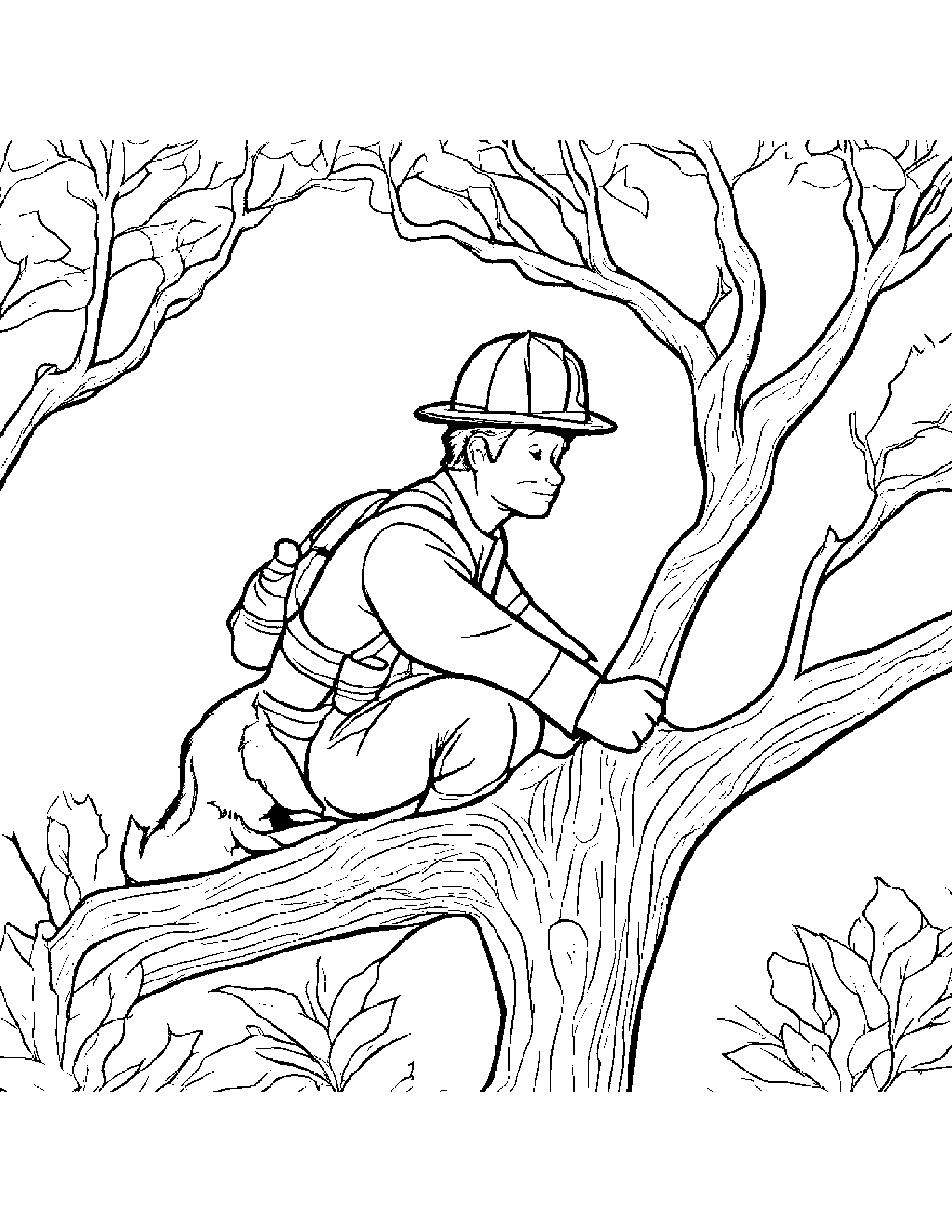 A Firefighter Rescuing A Cat Stuck In A Tree Coloring Page (Free Printable PDF)