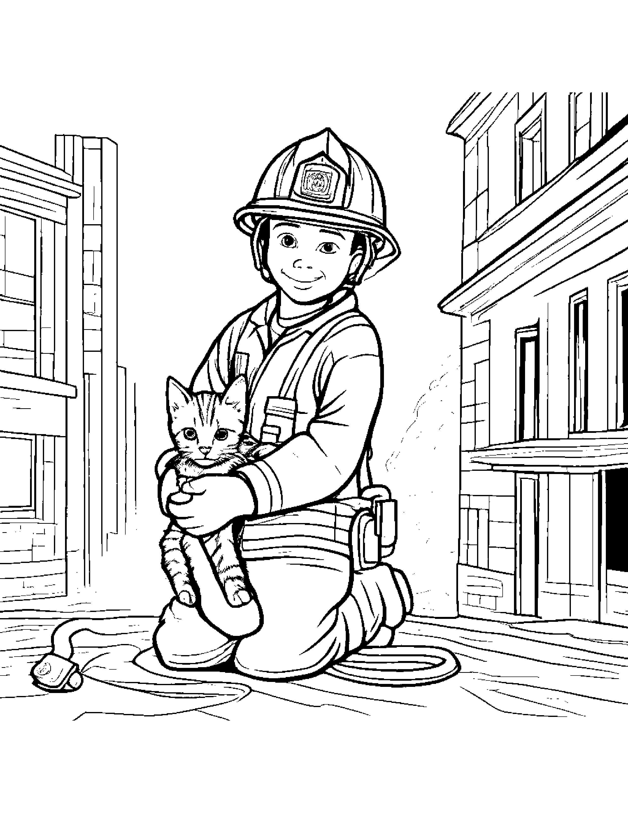 A Firefighter Saving A Kitten From A Burning Building Coloring Page (Free Printable PDF)