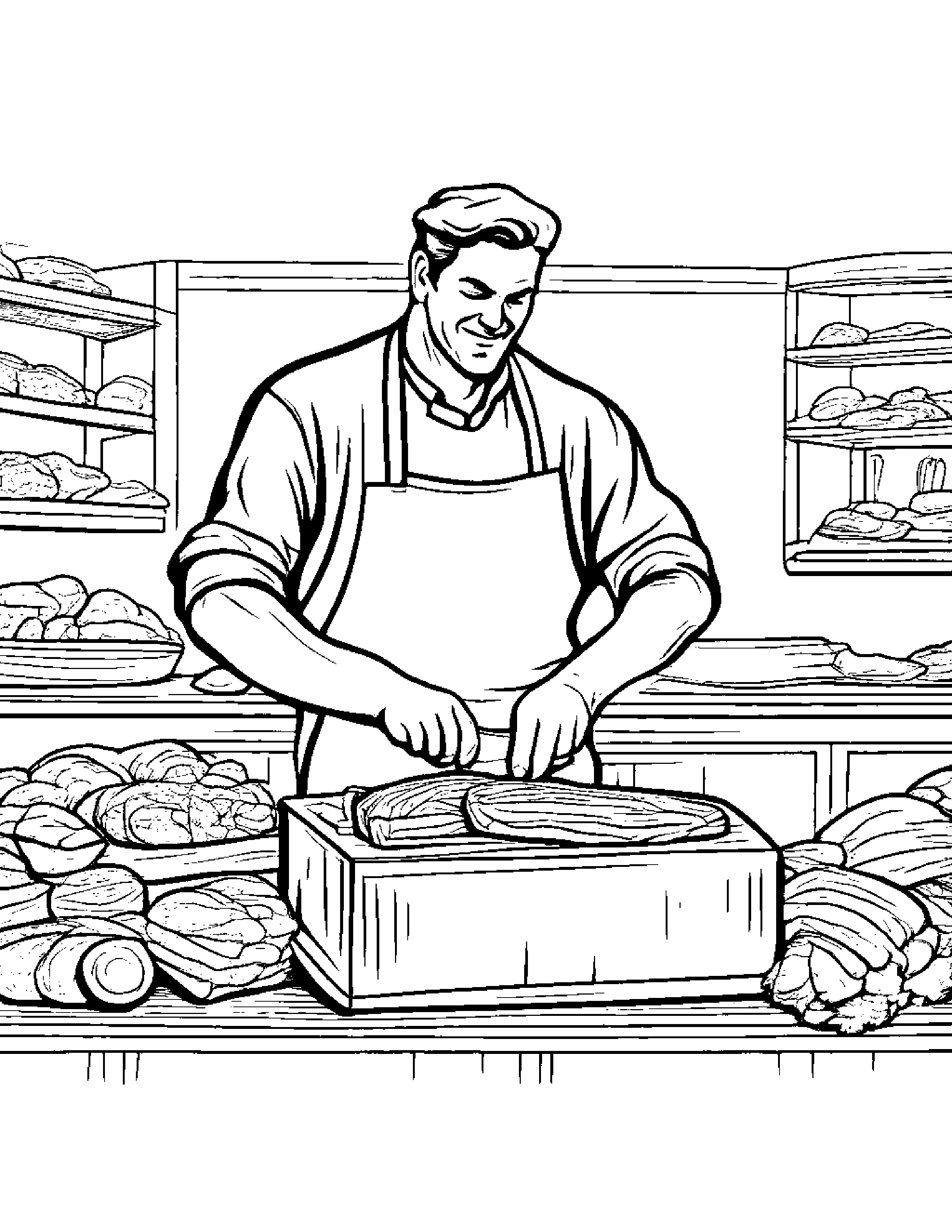 A Butcher Slicing Meat On A Large Block Coloring Page (Free Printable PDF)