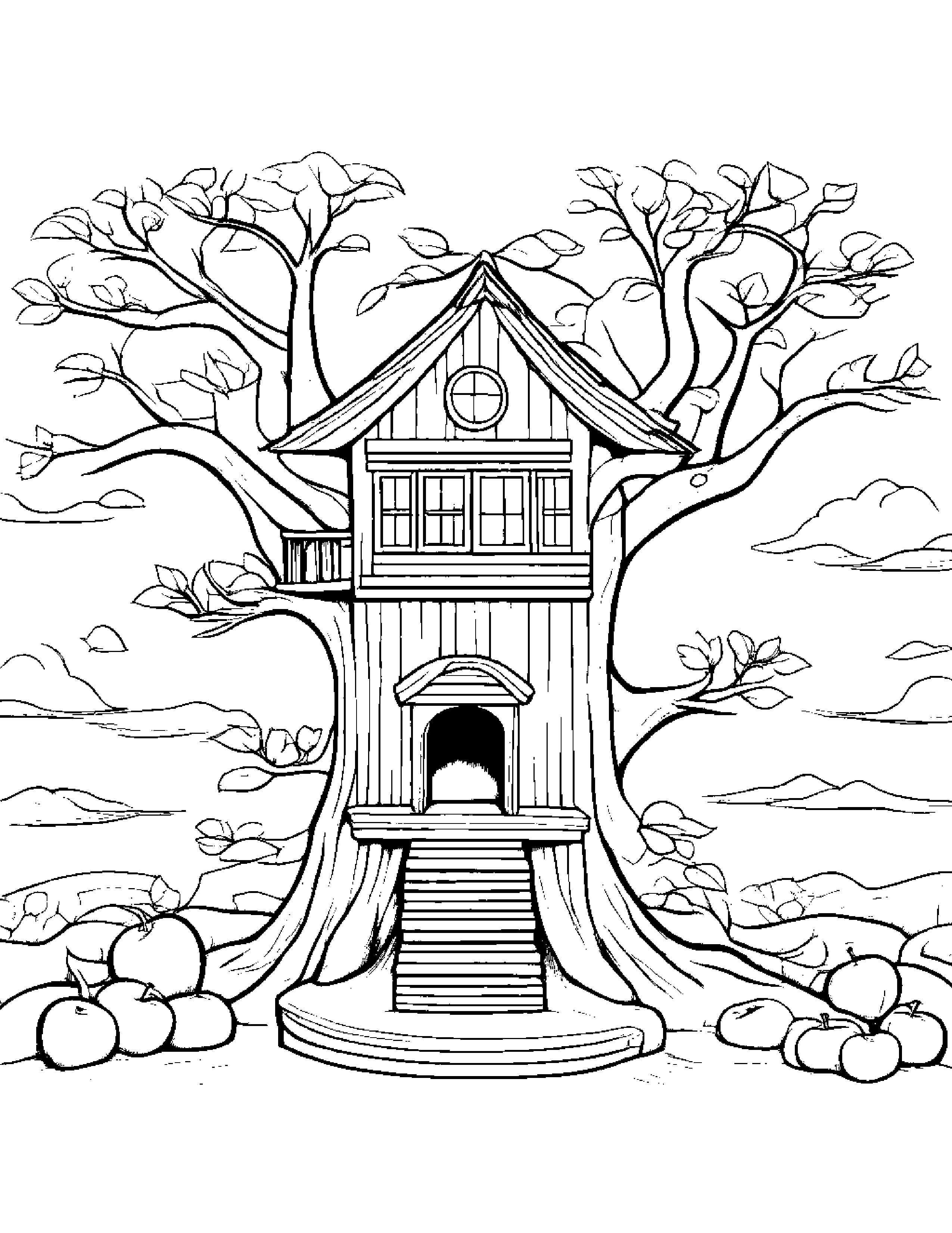 Apple With A Friendly Star In A Treehouse #2 Coloring Page (Free Printable PDF)