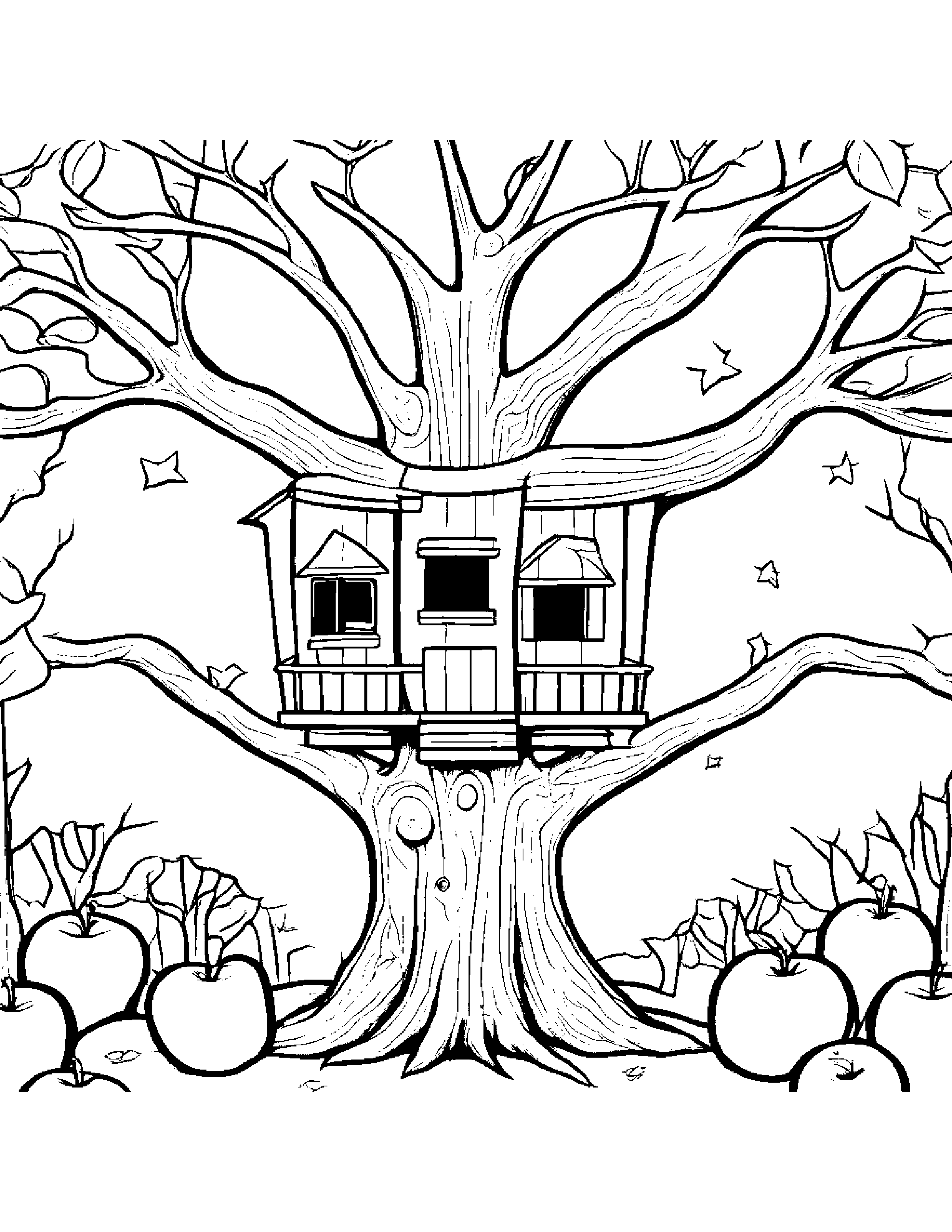 Apple With A Friendly Star In A Treehouse Coloring Page (Free Printable PDF)
