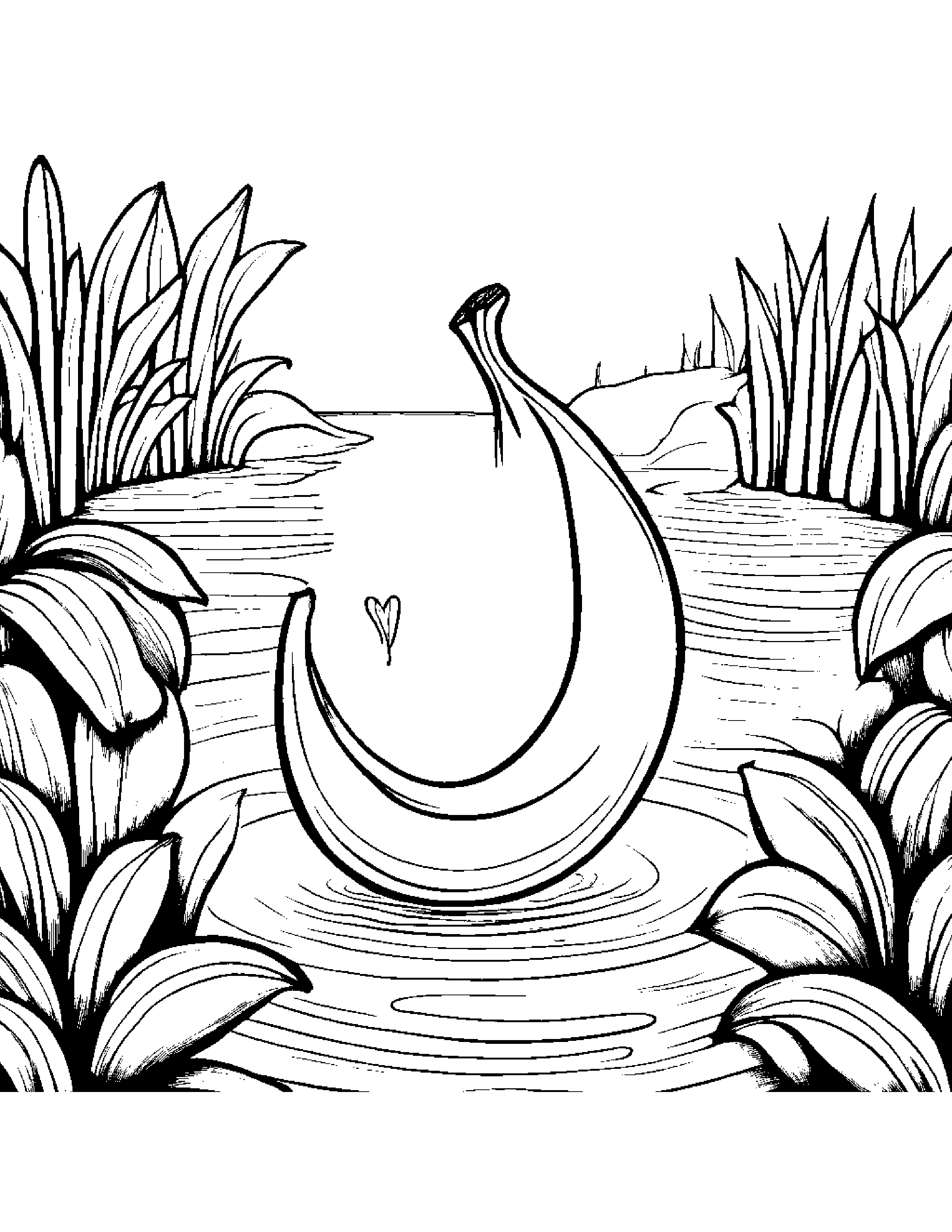 Banana With A Little Heart Near A Gentle Stream #2 Coloring Page (Free Printable PDF)