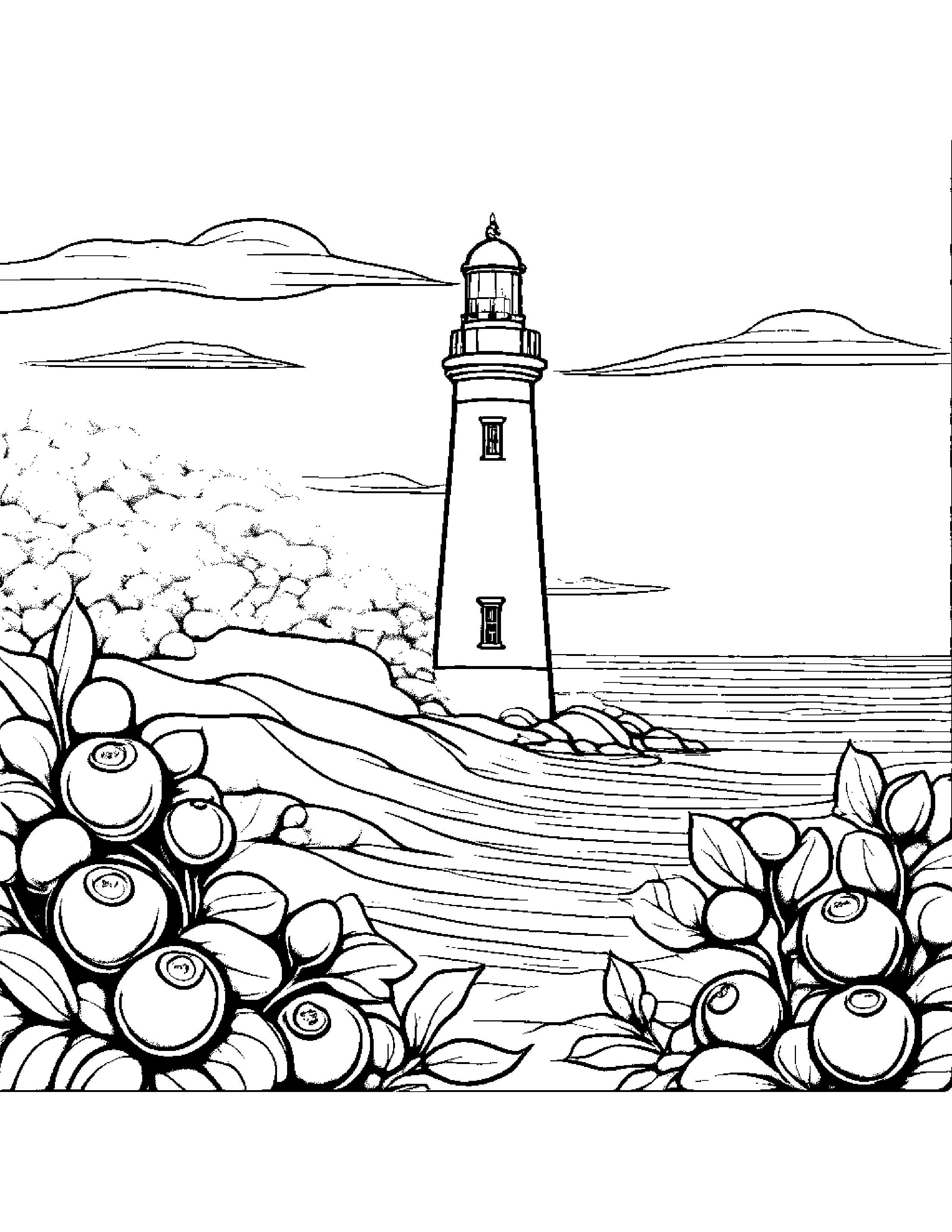 Blueberries With A Soft Scarf Near A Lighthouse #2 Coloring Page (Free Printable PDF)