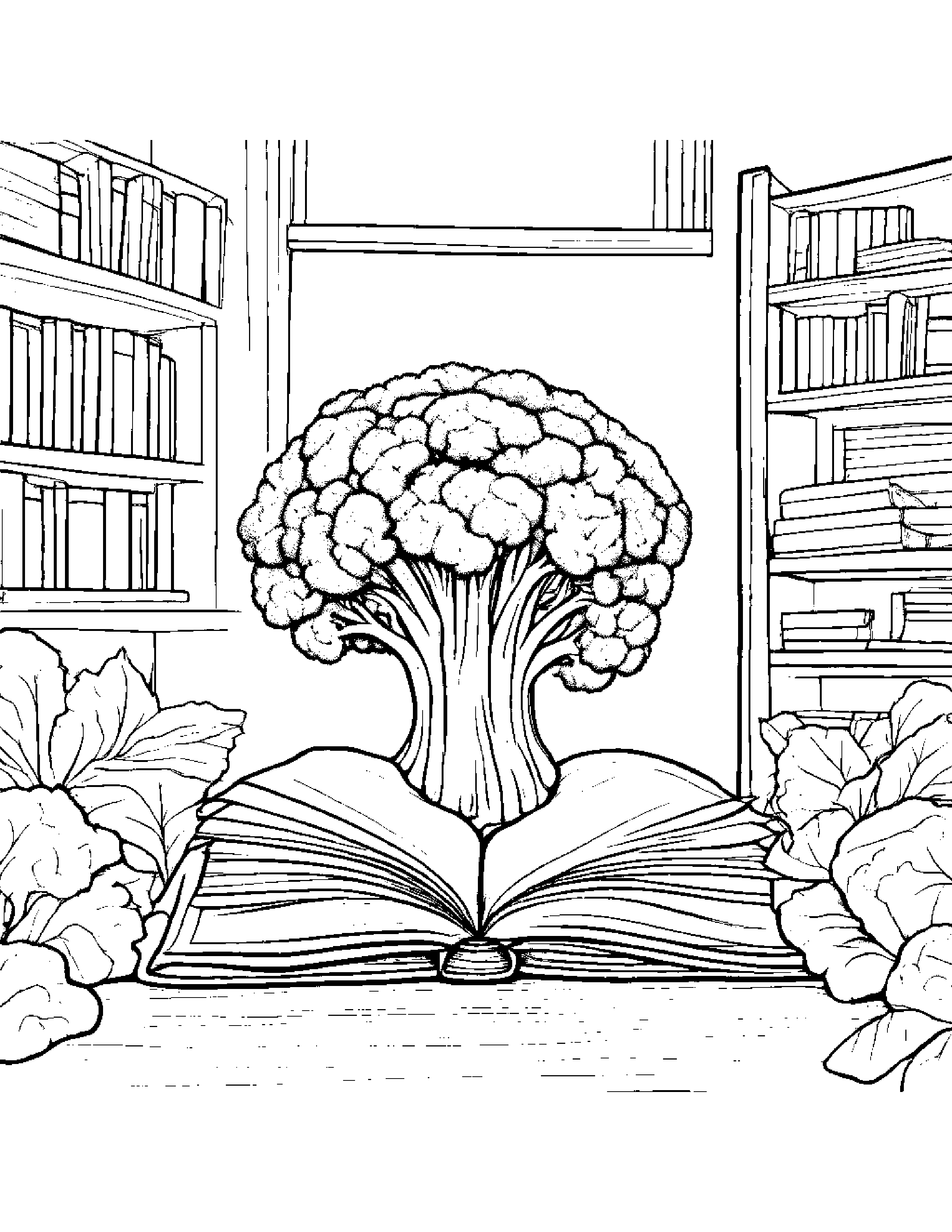 Broccoli With A Leaf Sprig By A Reading Nook Coloring Page (Free Printable PDF)