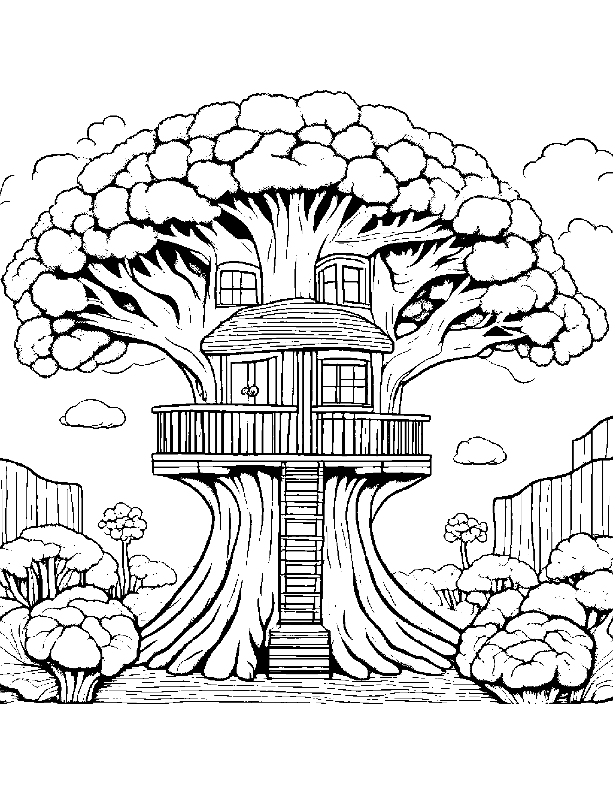 Broccoli With A Small Flower In A Treehouse #2 Coloring Page (Free Printable PDF)