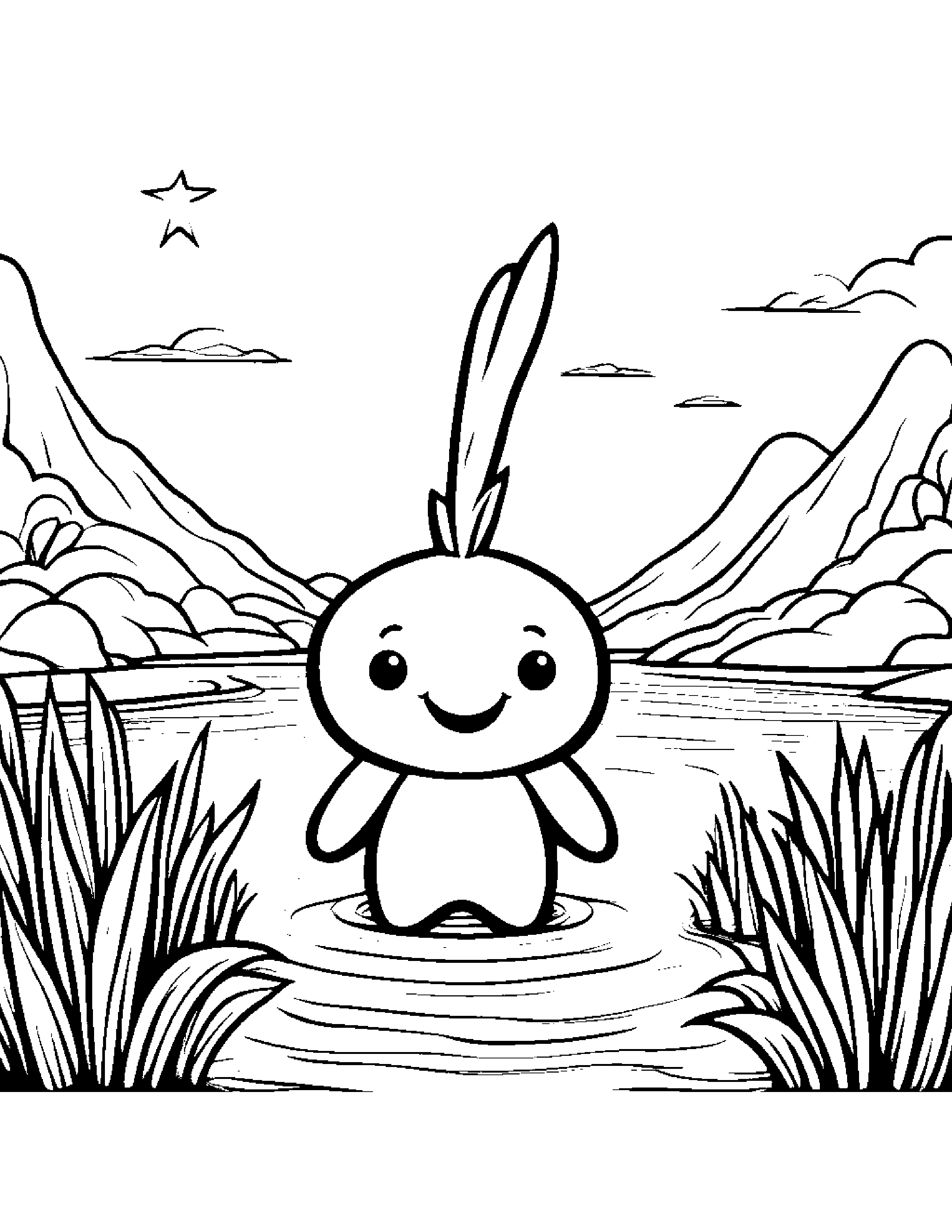 Carrot With A Friendly Star Near A Gentle Stream Coloring Page (Free Printable PDF)