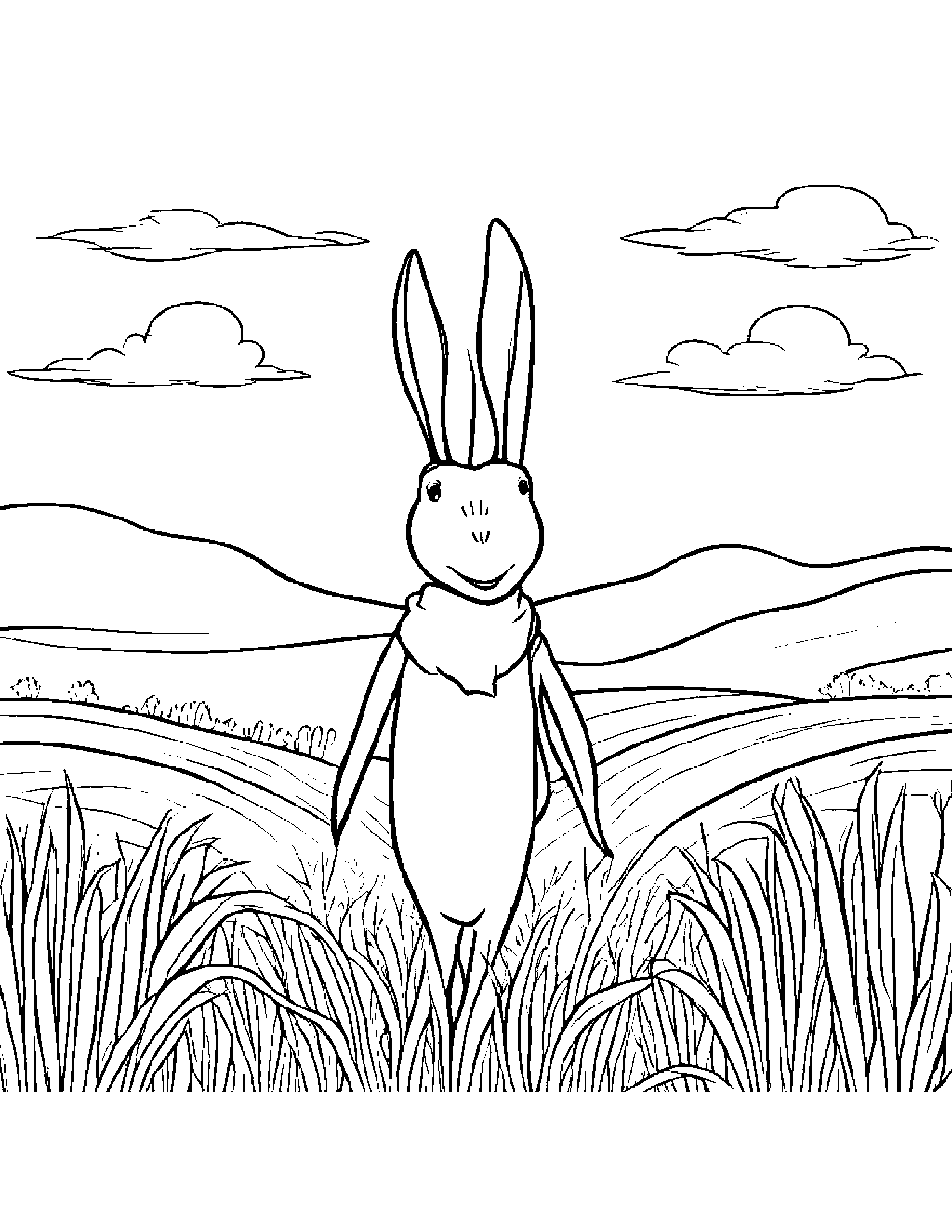 Carrot With A Soft Scarf In A Sunny Meadow Coloring Page (Free Printable PDF)