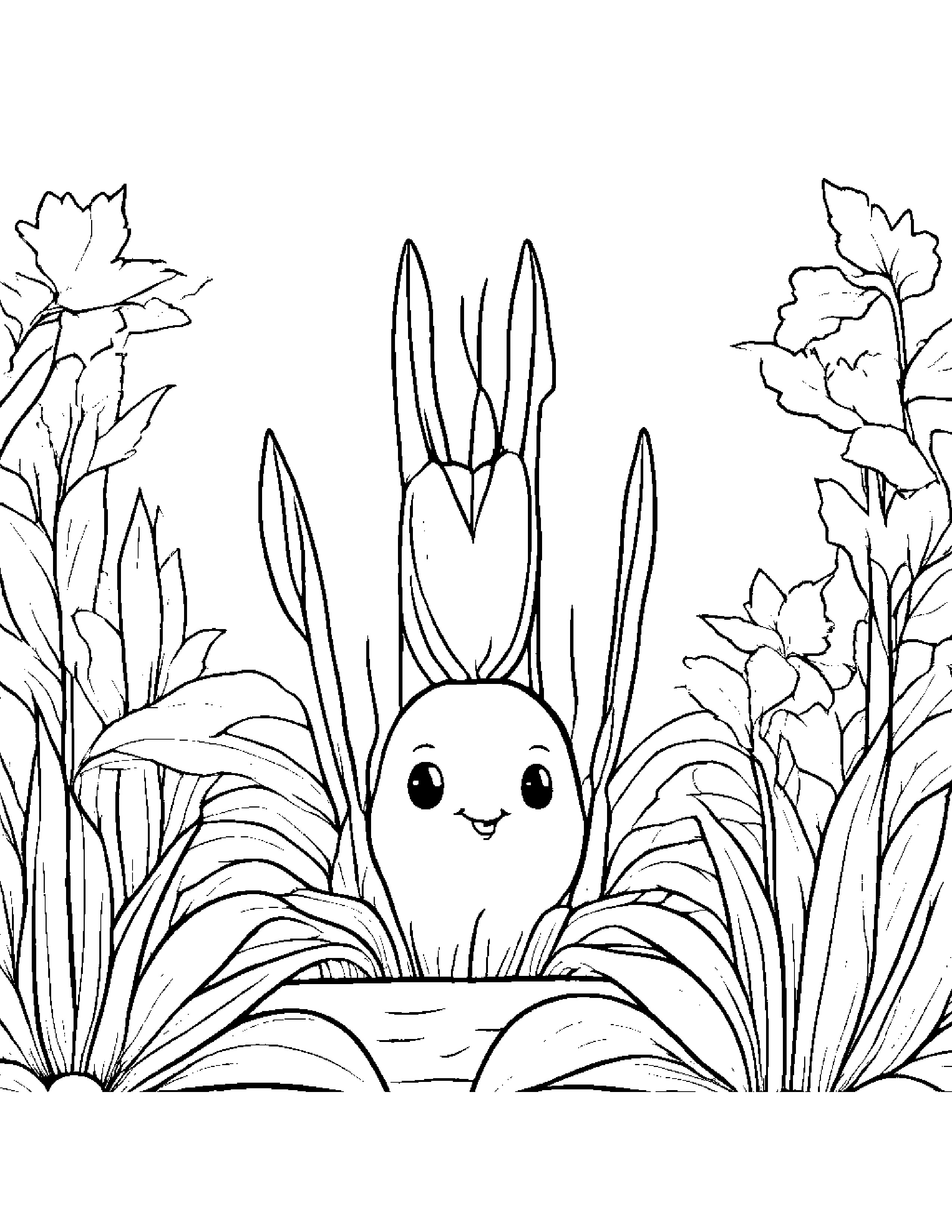 Carrot With A Tiny Bow In A Cozy Garden #2 Coloring Page (Free Printable PDF)