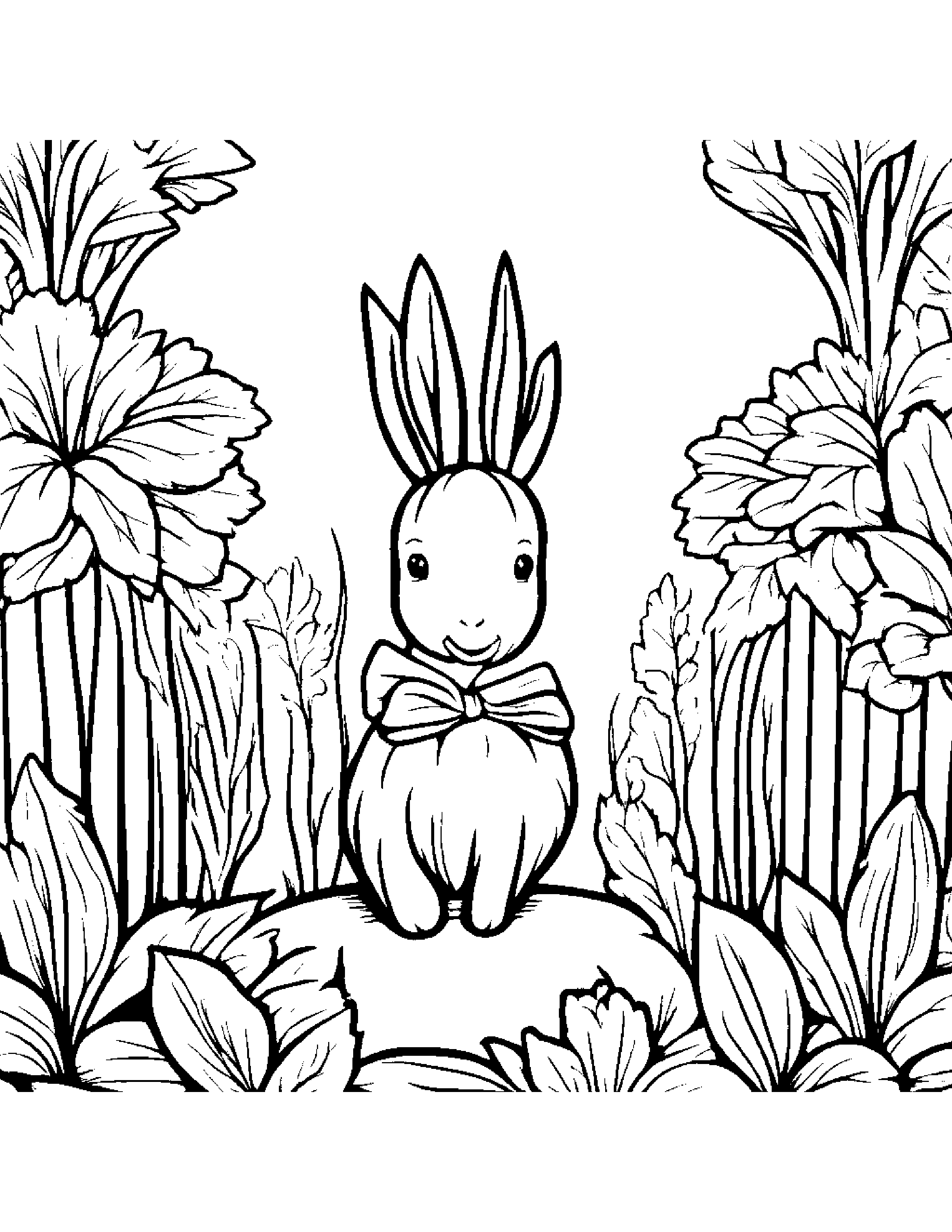 Carrot With A Tiny Bow In A Cozy Garden #3 Coloring Page (Free Printable PDF)