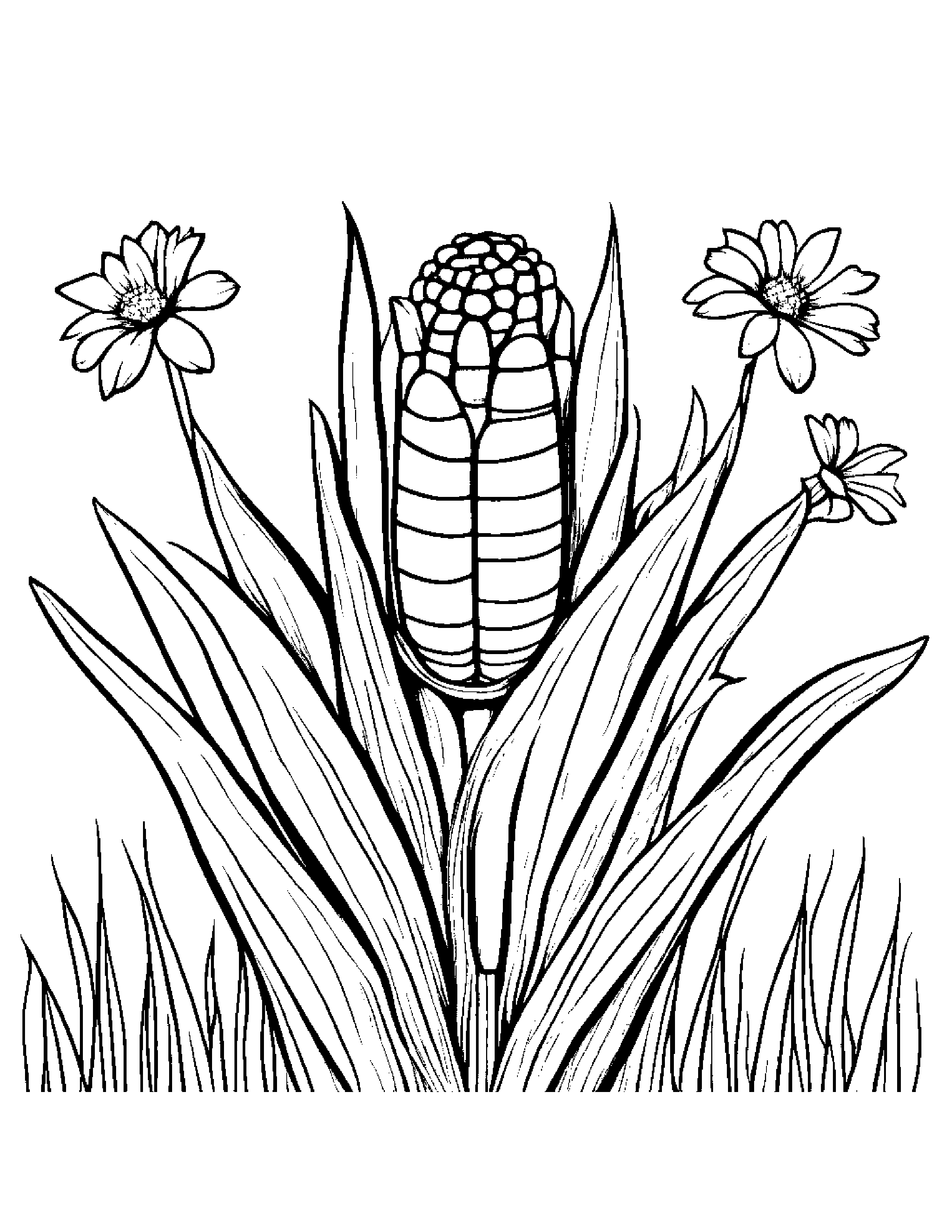 Corn Cob With A Small Flower In A Sunny Meadow #3 Coloring Page (Free Printable PDF)