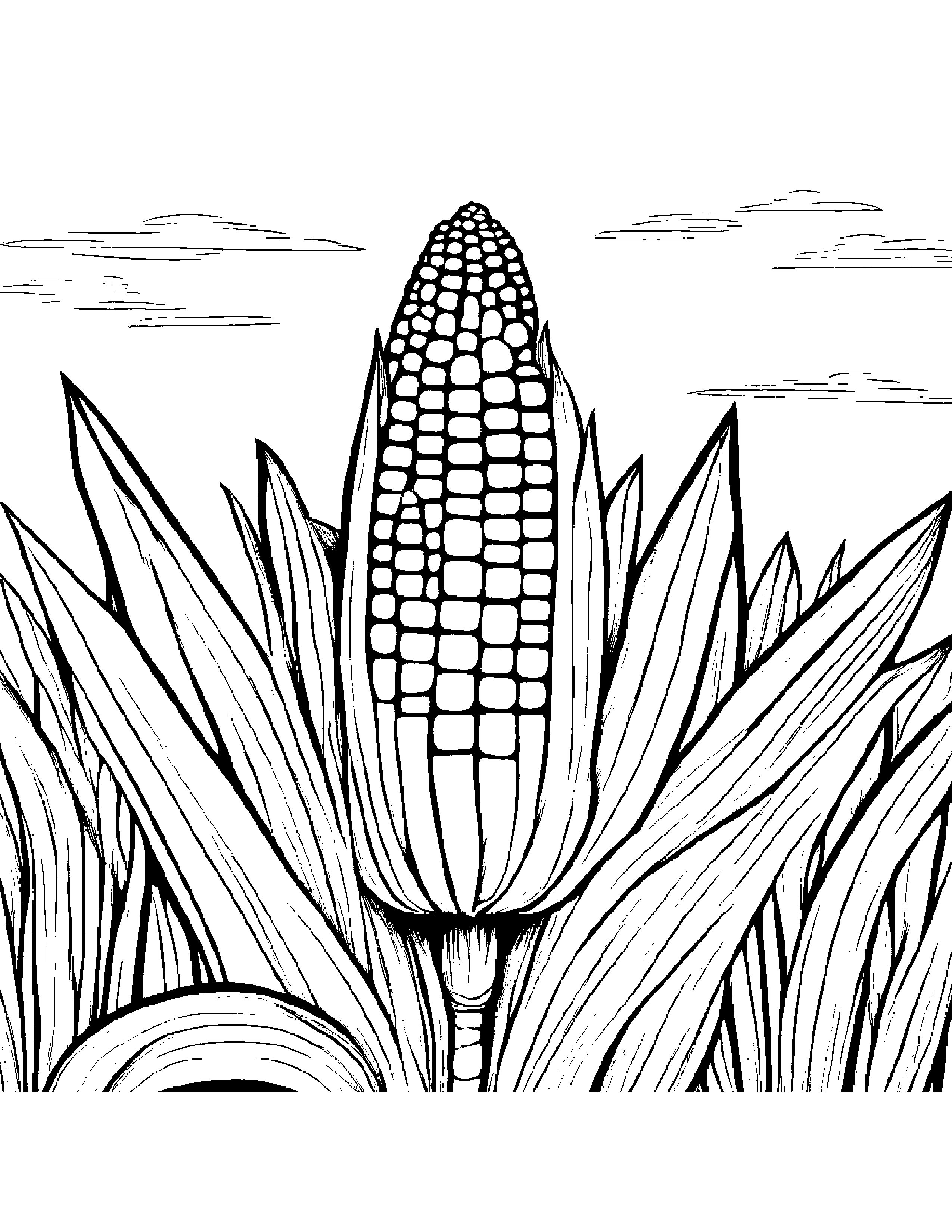 Corn Cob With A Small Flower In A Sunny Meadow Coloring Page (Free Printable PDF)