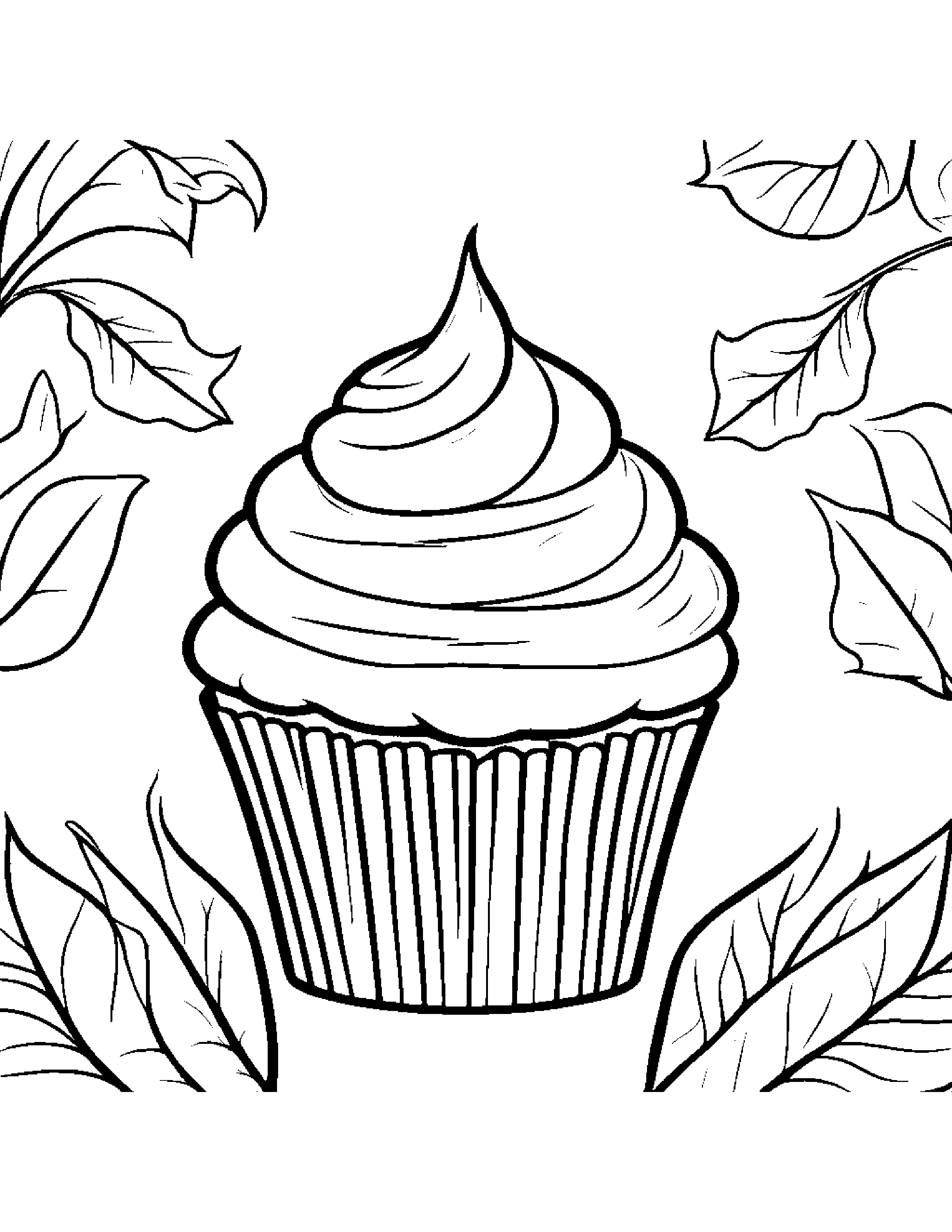 Cupcake With A Leaf Sprig #2 Coloring Page (Free Printable PDF)