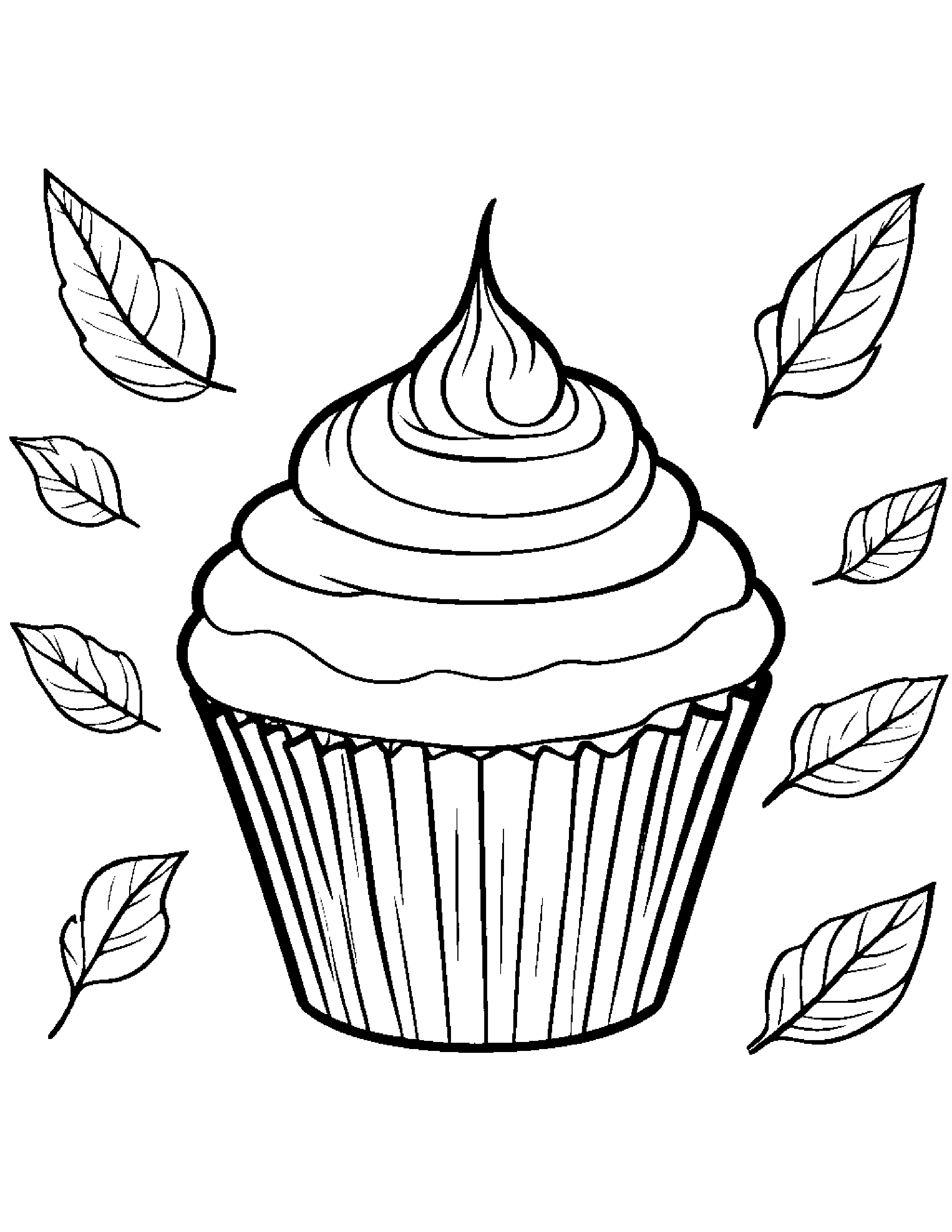 Cupcake With A Leaf Sprig #3 Coloring Page (Free Printable PDF)