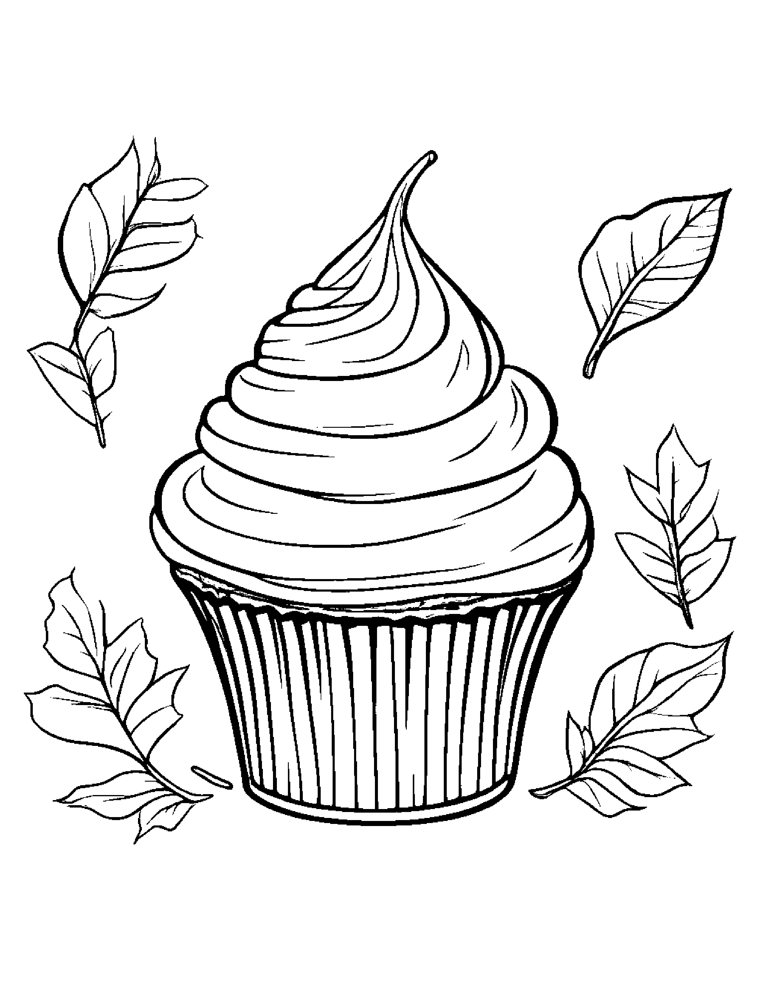 Cupcake With A Leaf Sprig #5 Coloring Page (Free Printable PDF)