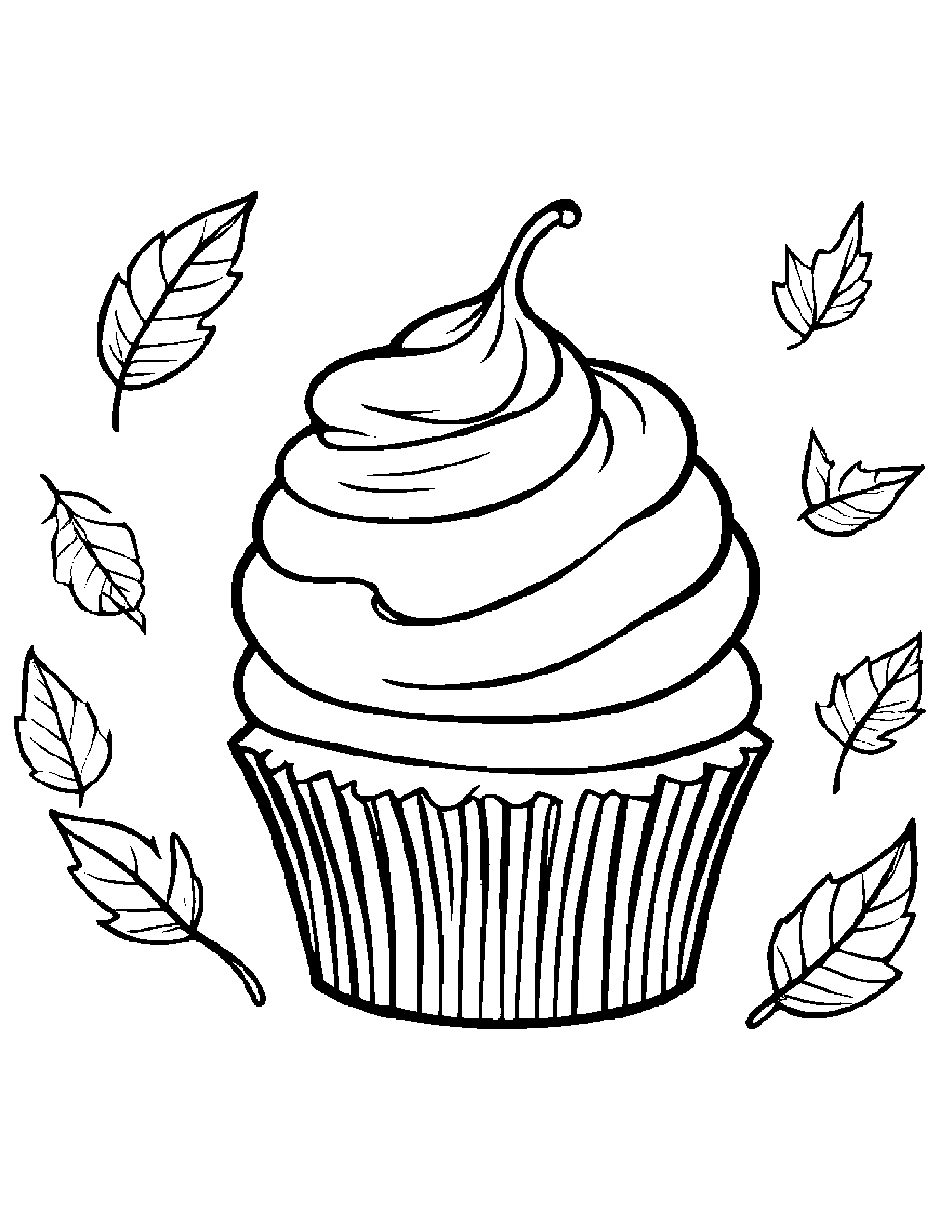 Cupcake With A Leaf Sprig Coloring Page (Free Printable PDF)