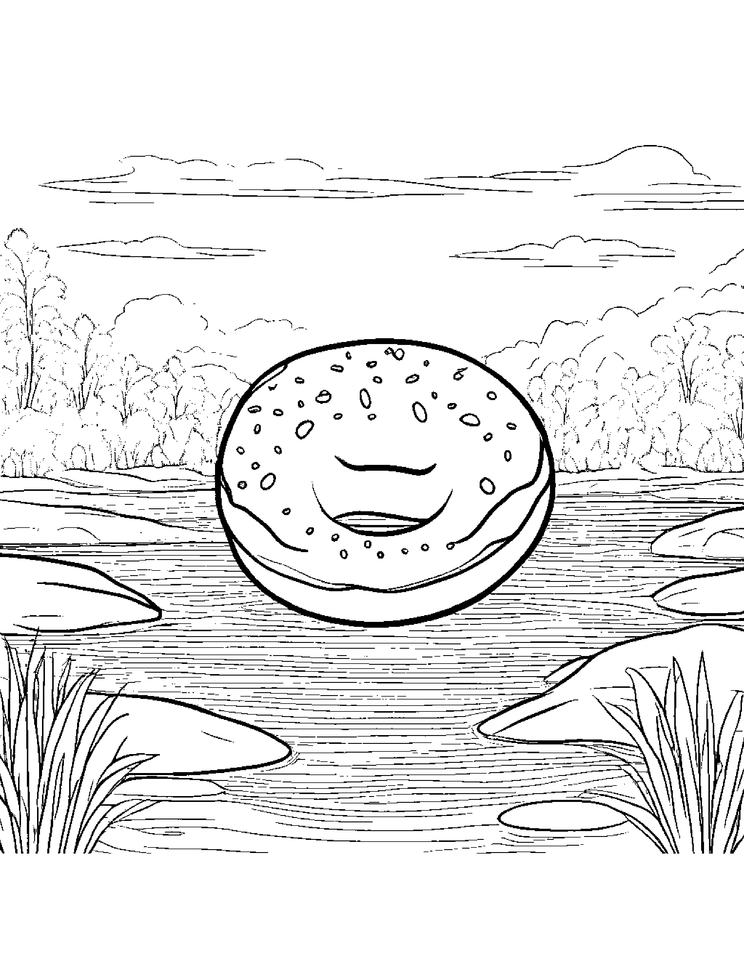 Donut With A Ribbon Near A Gentle Stream #2 Coloring Page (Free Printable PDF)