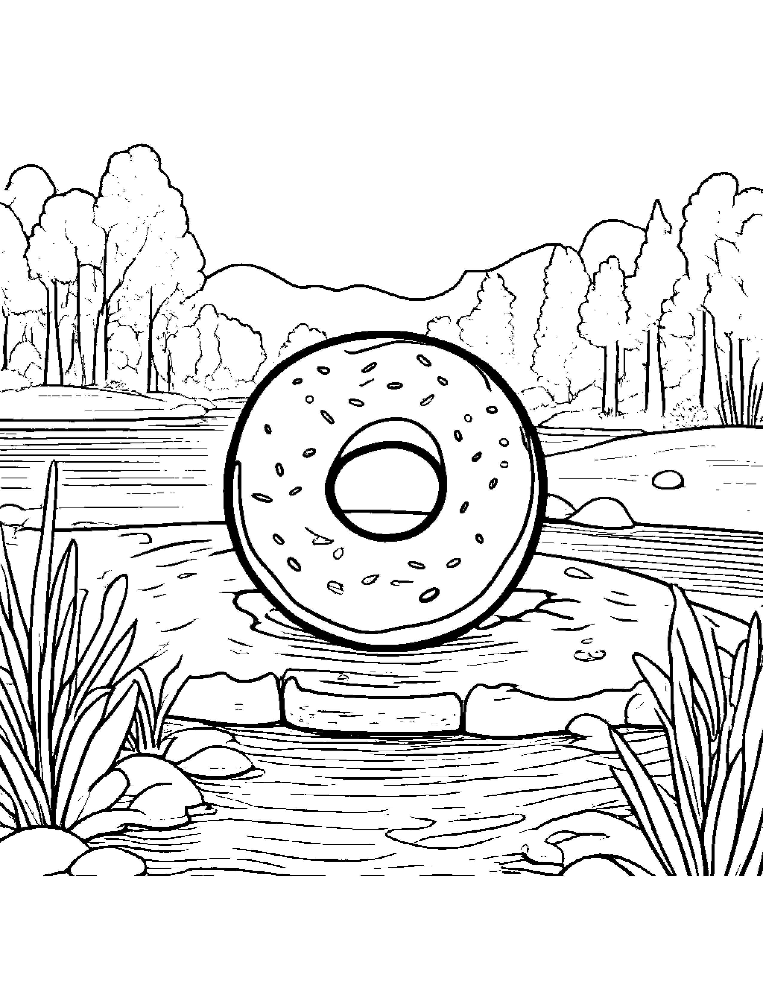 Donut With A Ribbon Near A Gentle Stream #3 Coloring Page (Free Printable PDF)