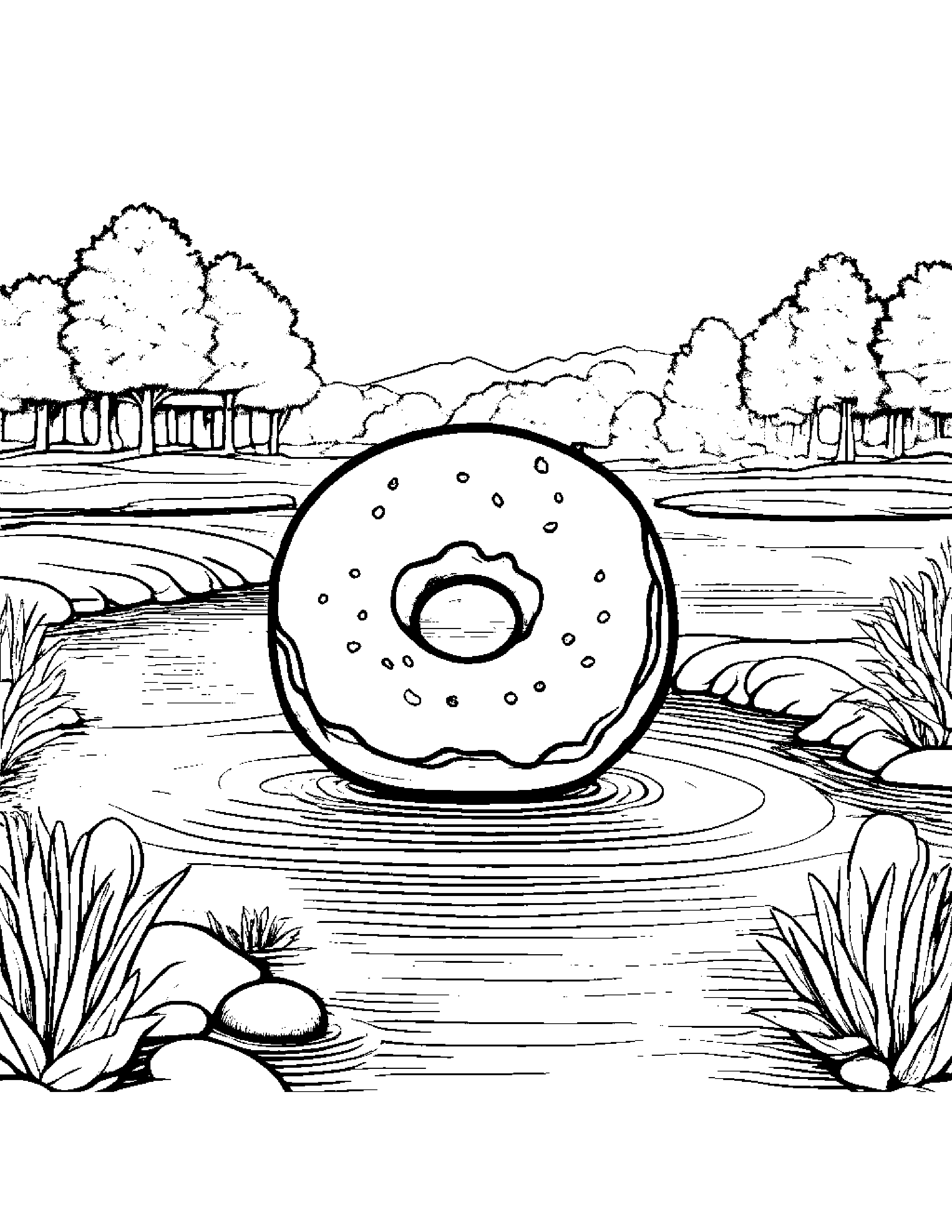 Donut With A Ribbon Near A Gentle Stream #4 Coloring Page (Free Printable PDF)