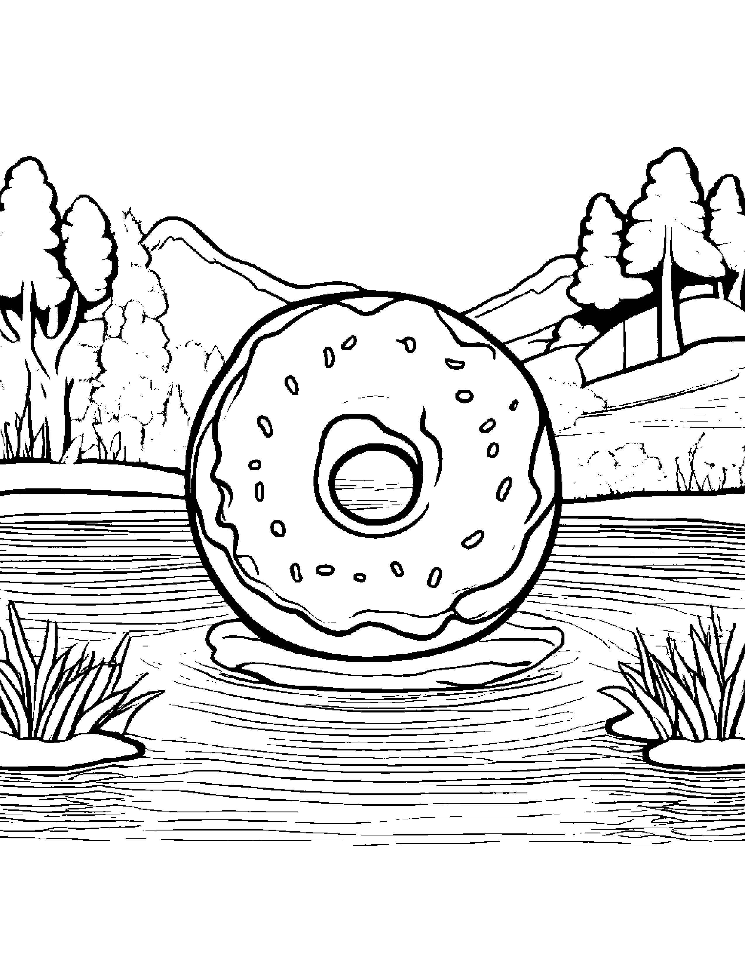 Donut With A Ribbon Near A Gentle Stream #5 Coloring Page (Free Printable PDF)