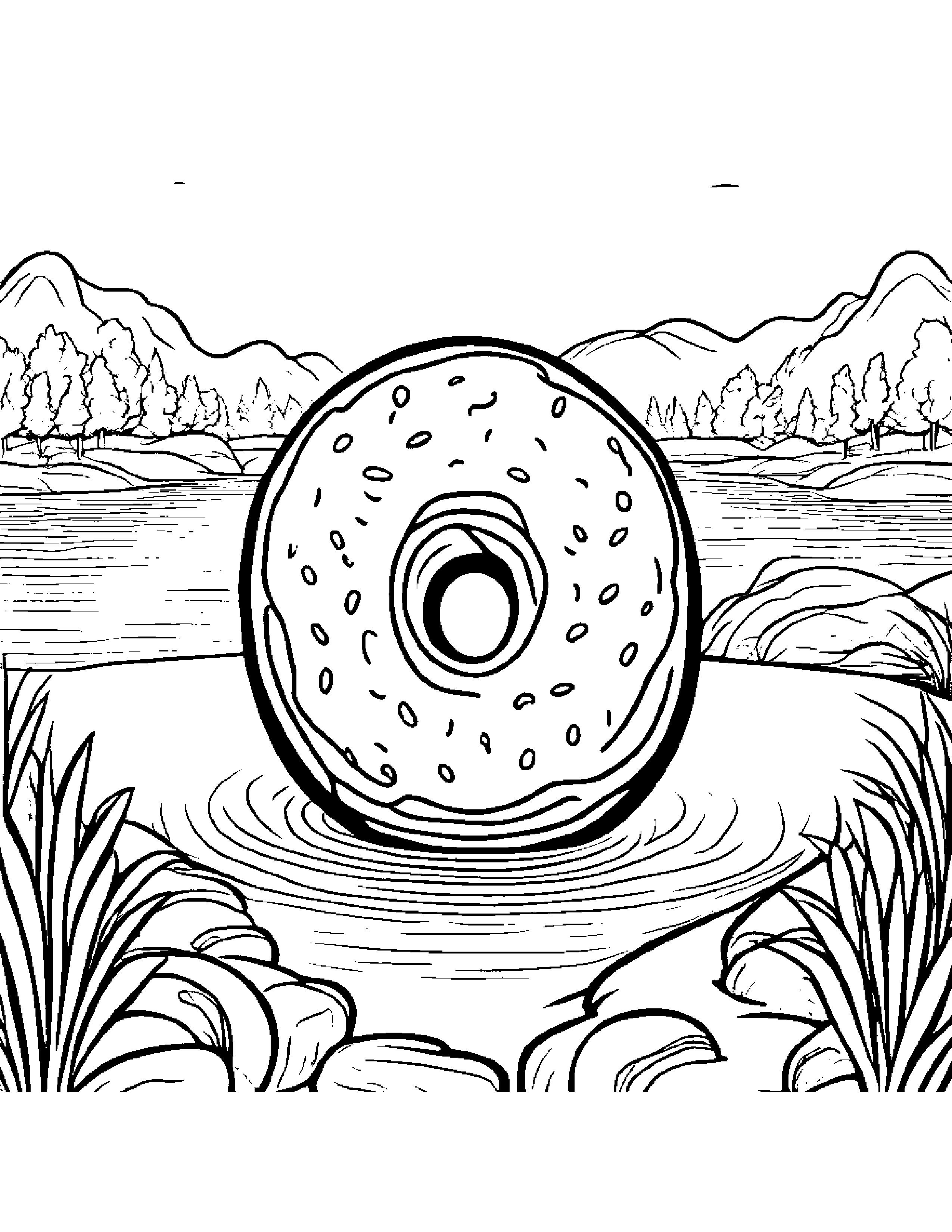 Donut With A Ribbon Near A Gentle Stream Coloring Page (Free Printable PDF)