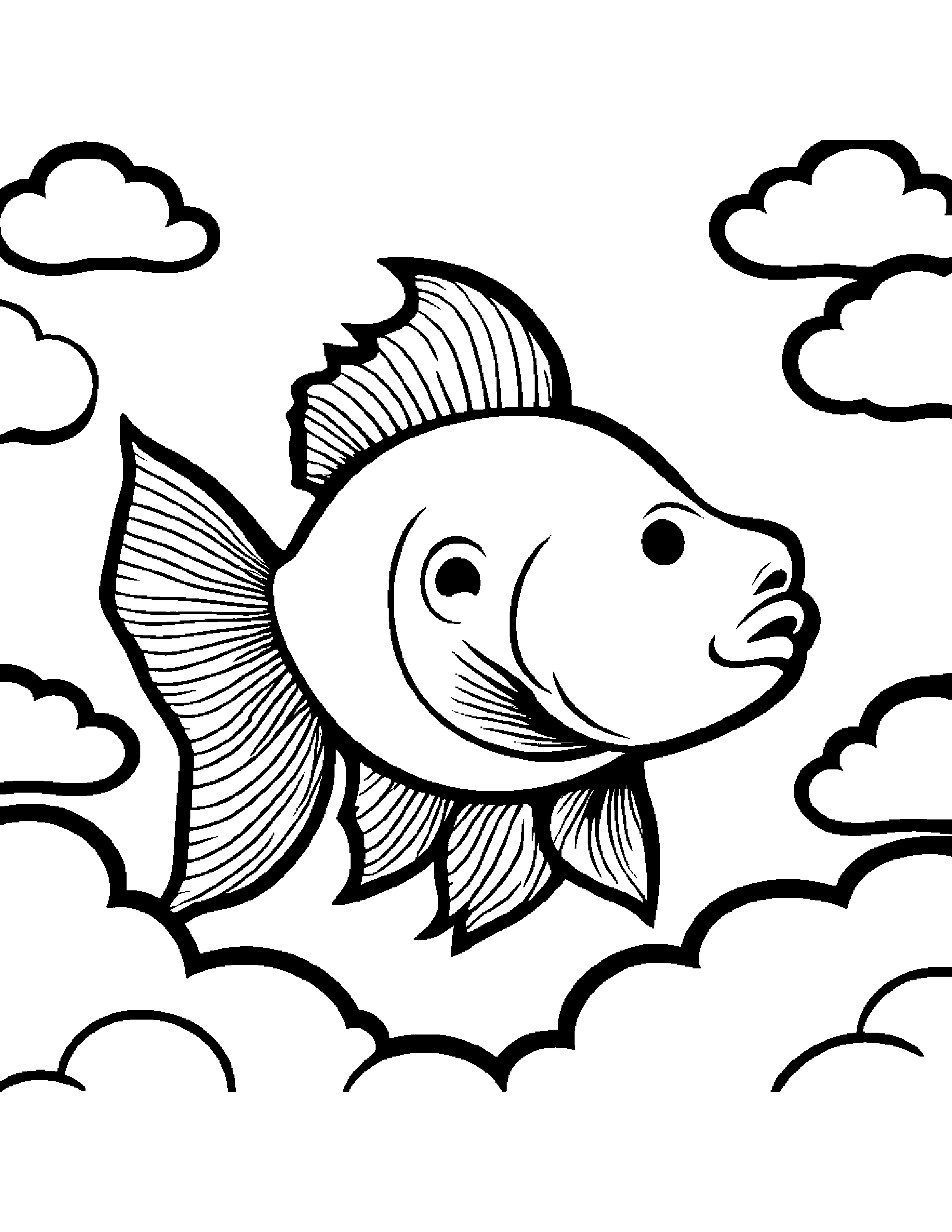 Goldfish With A Little Heart On A Fluffy Cloud #2 Coloring Page (Free Printable PDF)