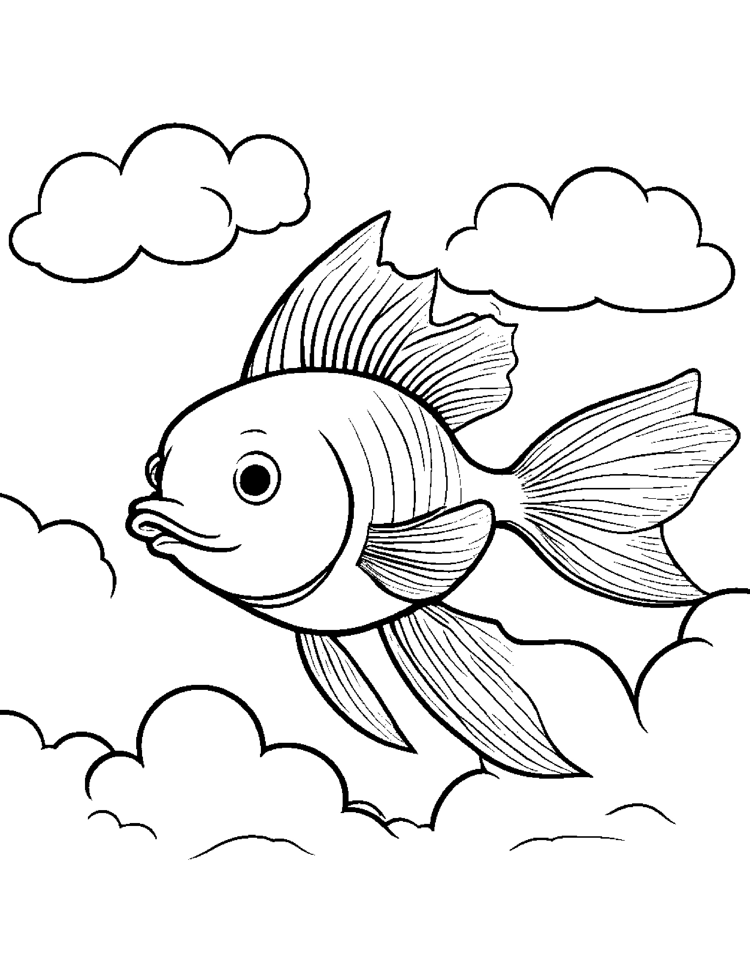 Goldfish With A Little Heart On A Fluffy Cloud #4 Coloring Page (Free Printable PDF)