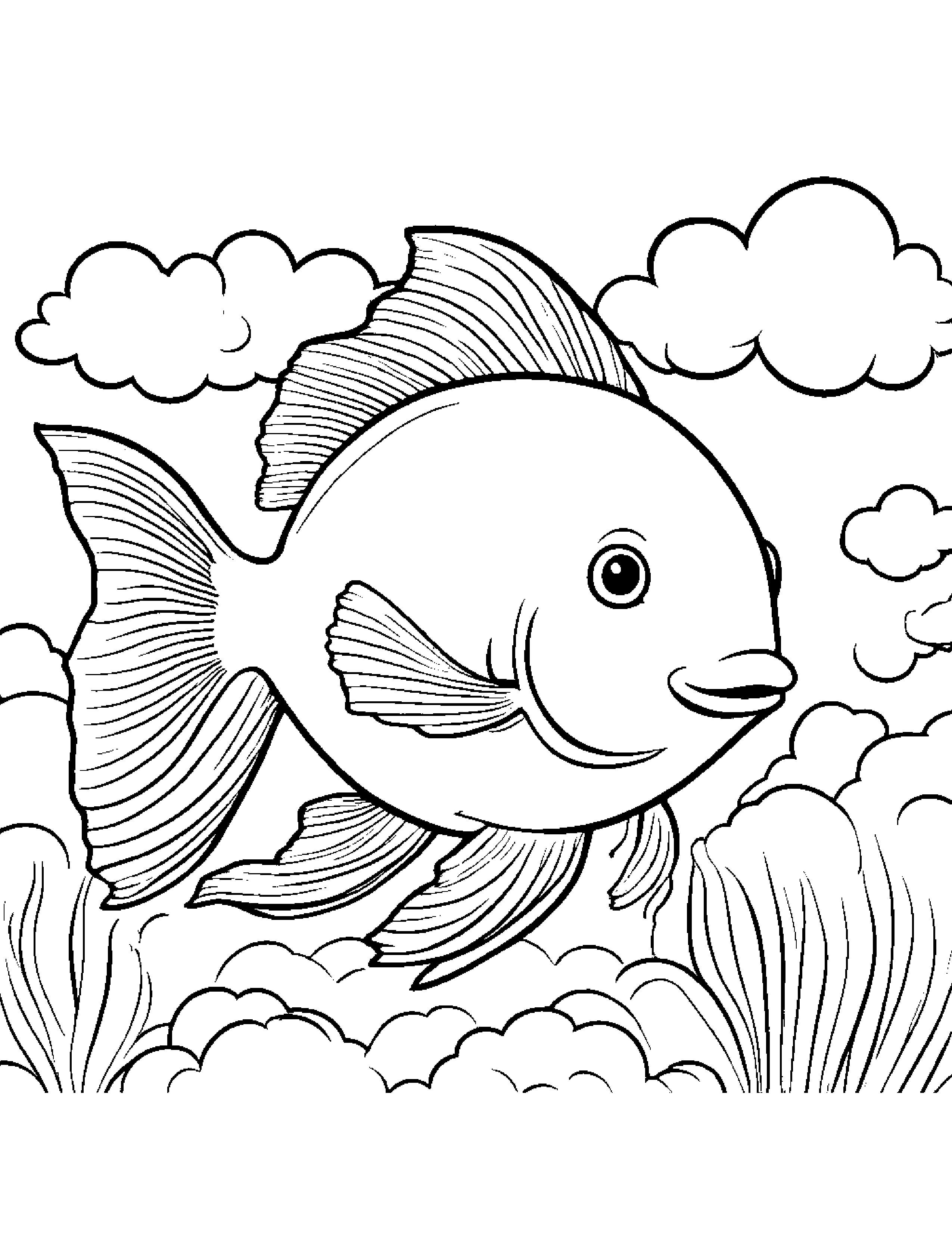 Goldfish With A Little Heart On A Fluffy Cloud Coloring Page (Free Printable PDF)