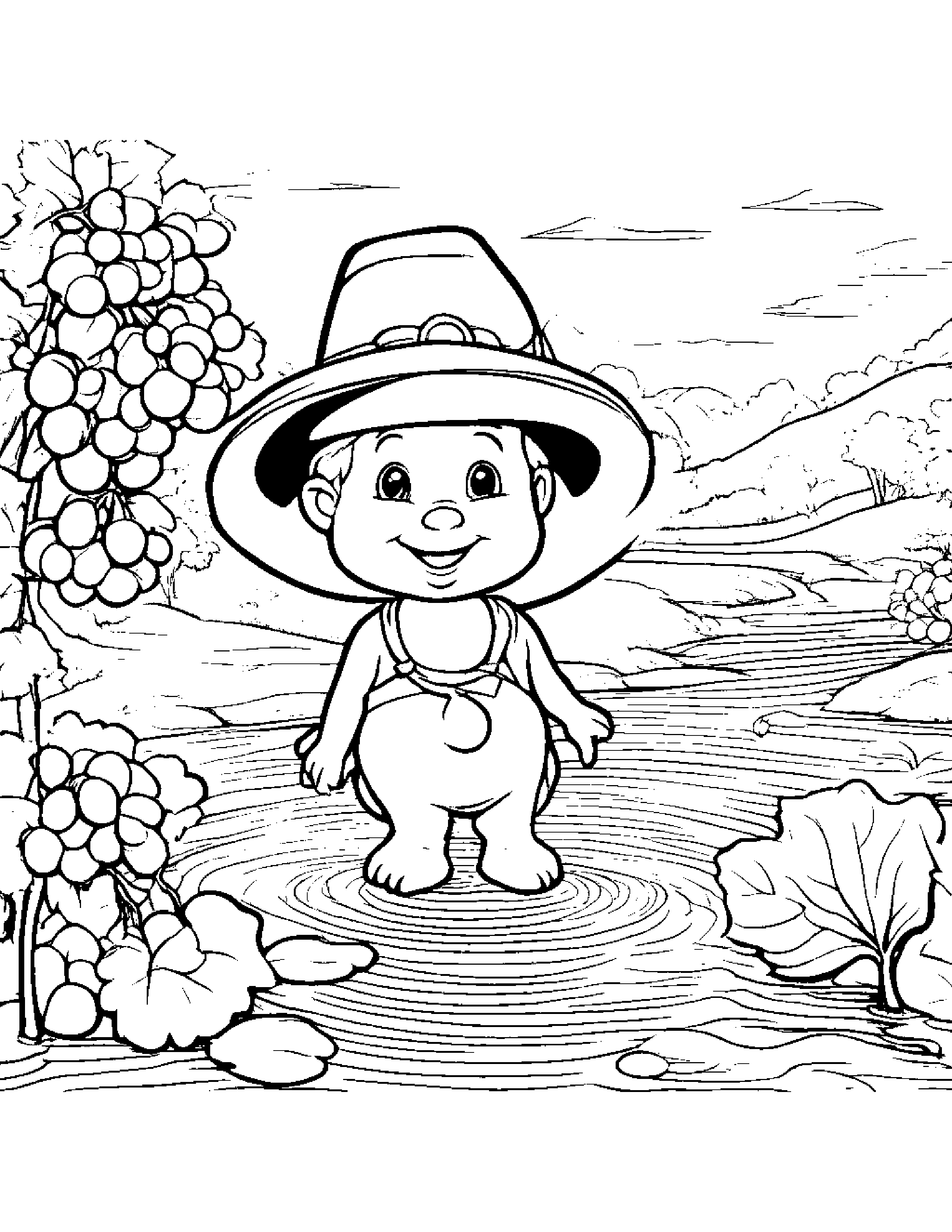 Grapes With A Cute Hat Near A Gentle Stream #2 Coloring Page (Free Printable PDF)
