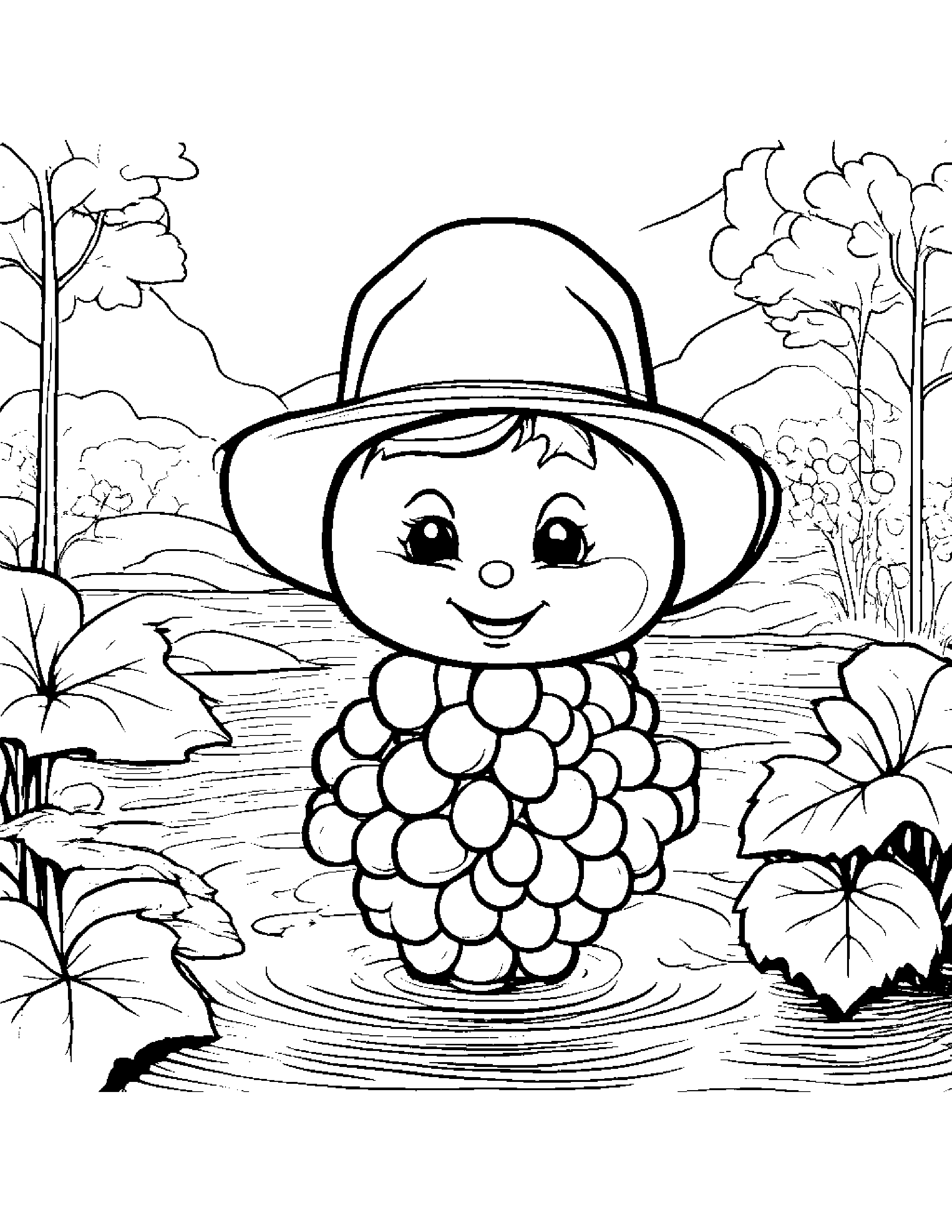 Grapes With A Cute Hat Near A Gentle Stream #3 Coloring Page (Free Printable PDF)