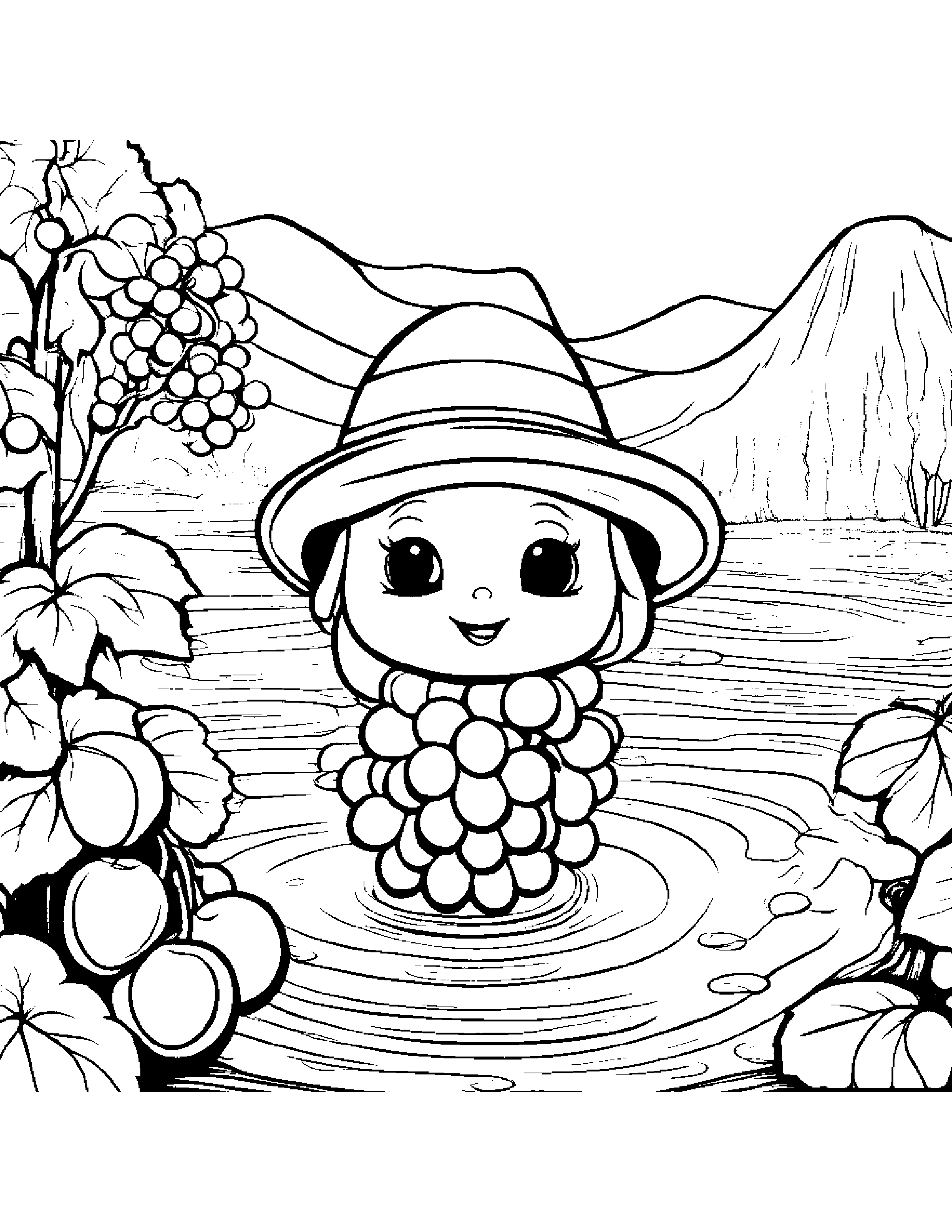 Grapes With A Cute Hat Near A Gentle Stream Coloring Page (Free Printable PDF)