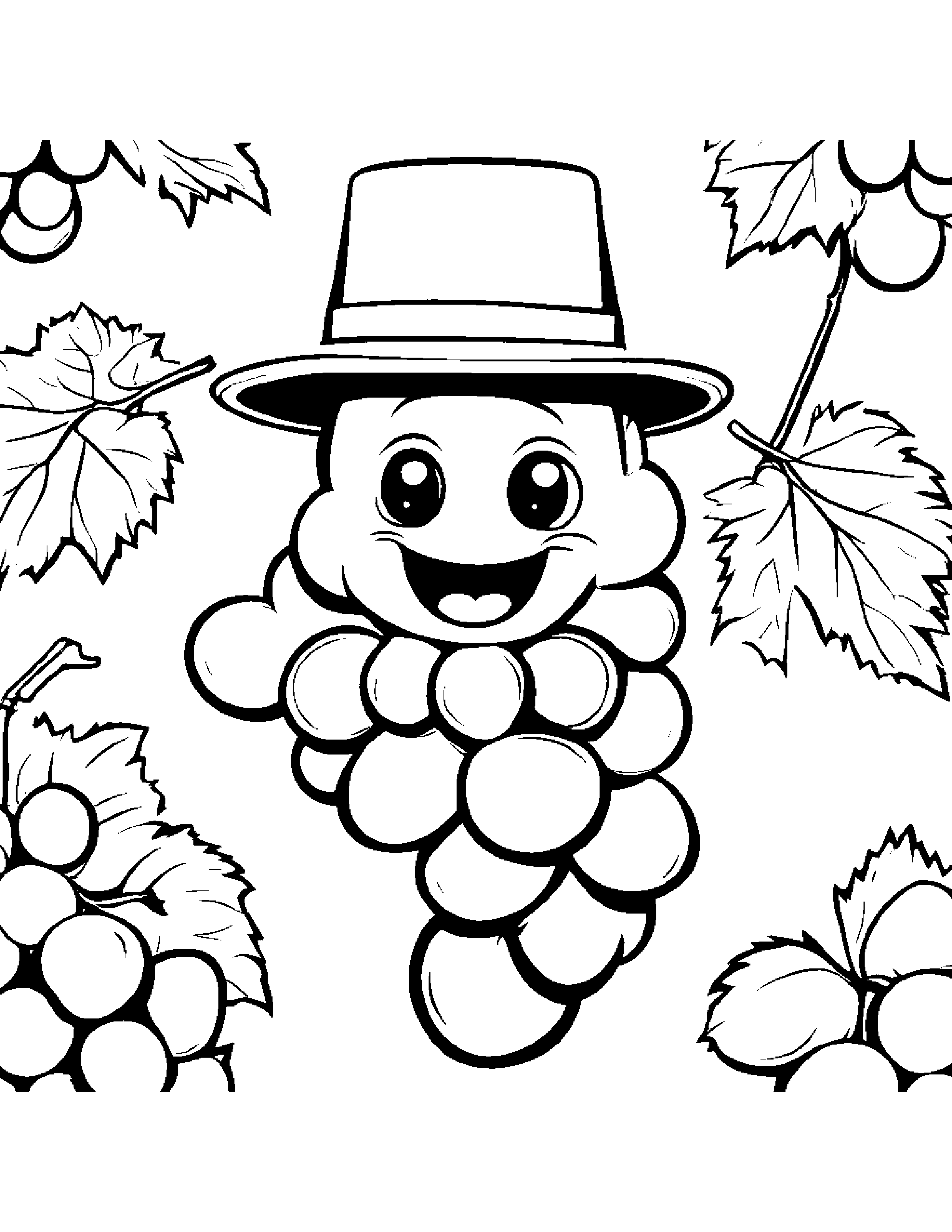 Grapes With A Cute Hat Coloring Page (Free Printable PDF)
