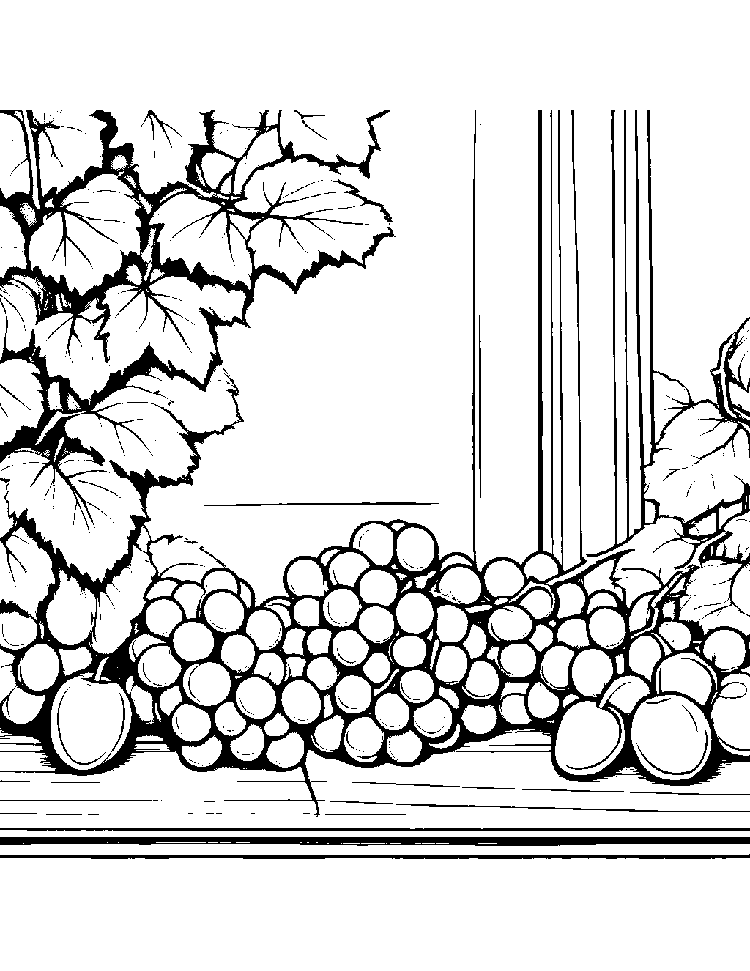 Grapes With A Small Flower By A Reading Nook Coloring Page (Free Printable PDF)