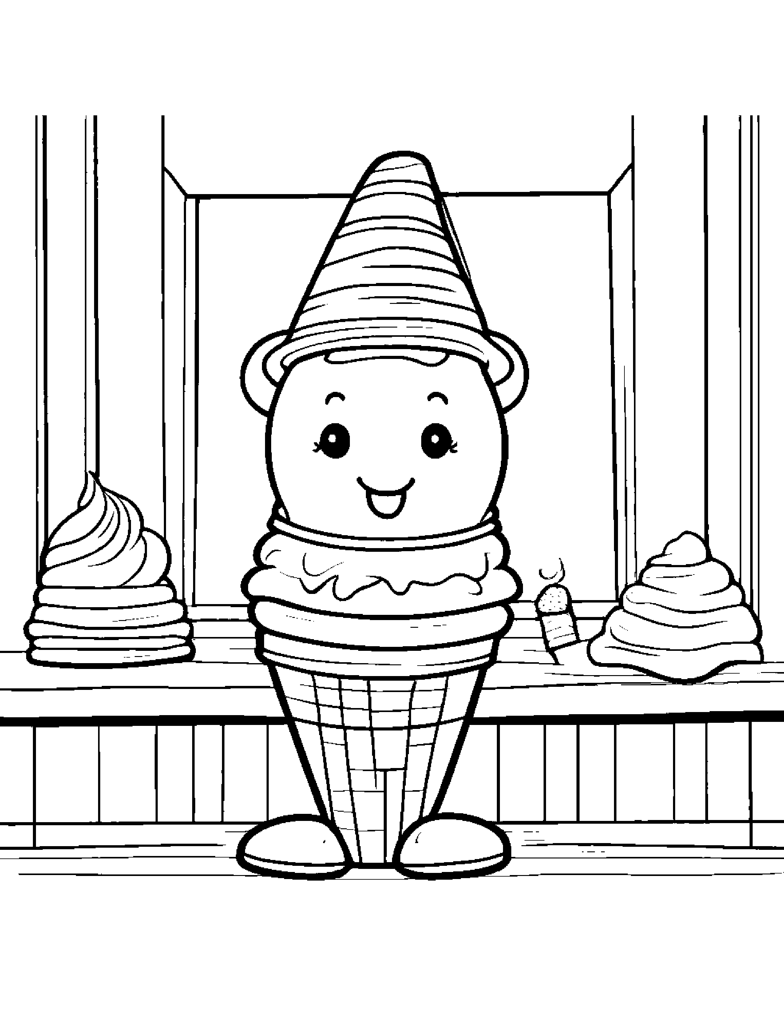 Ice Cream Cone With A Cute Hat By A Reading Nook #3 Coloring Page (Free Printable PDF)