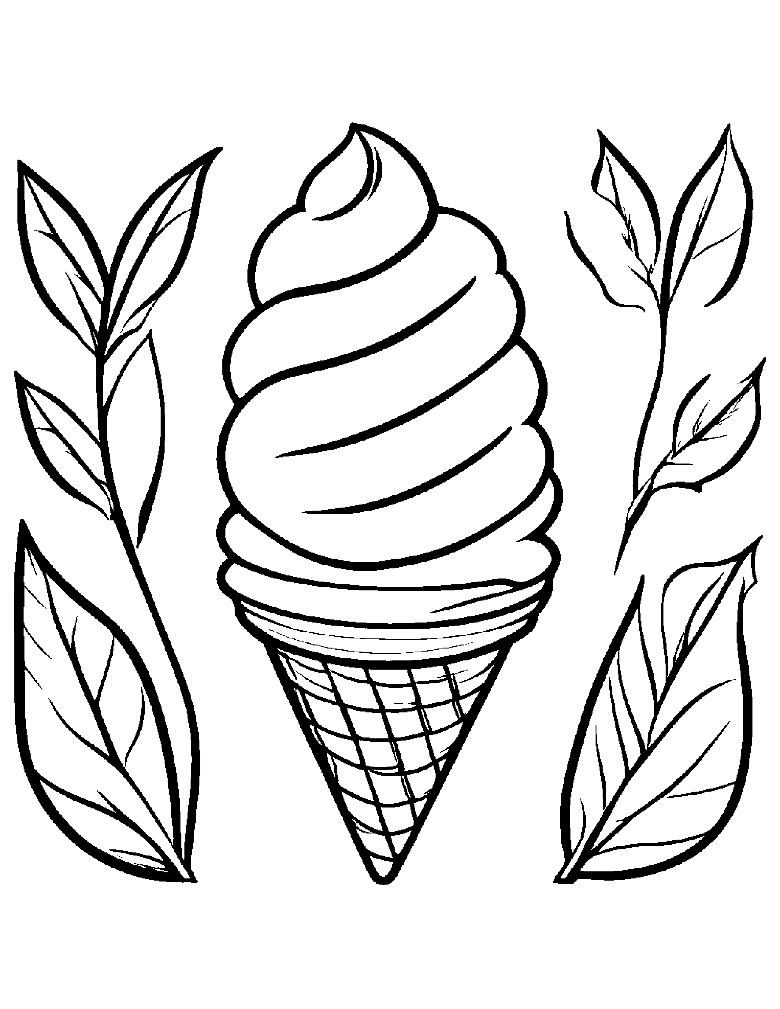 Ice Cream Cone With A Leaf Sprig #2 Coloring Page (Free Printable PDF)