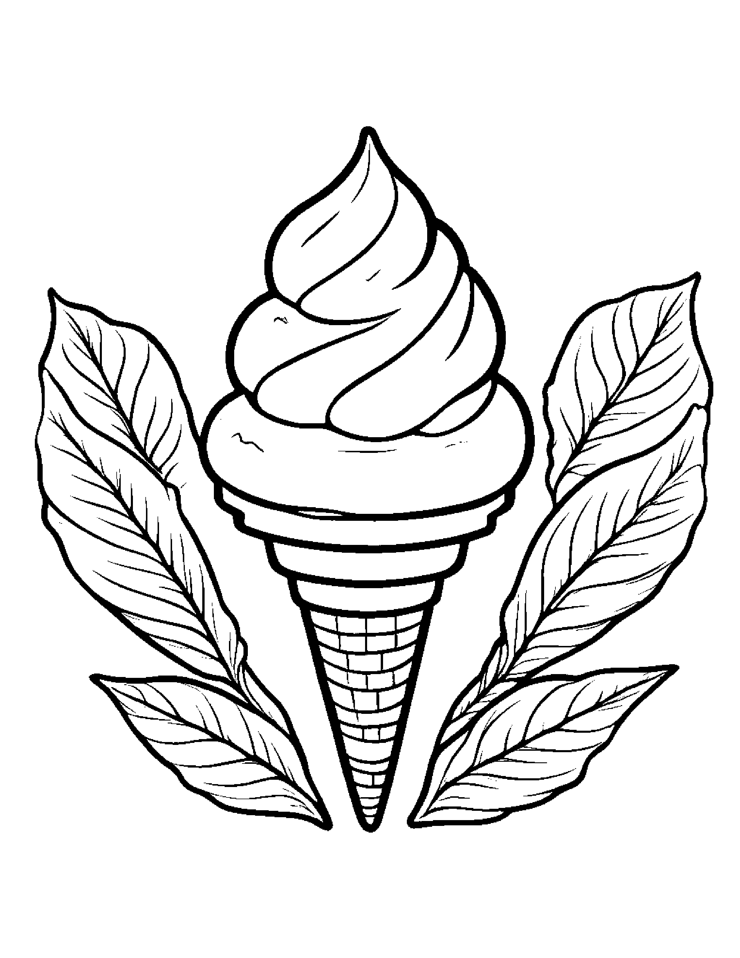 Ice Cream Cone With A Leaf Sprig #4 Coloring Page (Free Printable PDF)